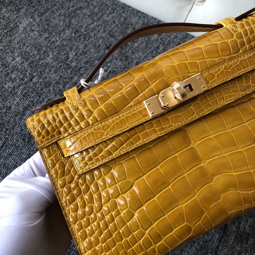 HERMES BAG Kelly Pochette Alligator Yellow crocodile leather