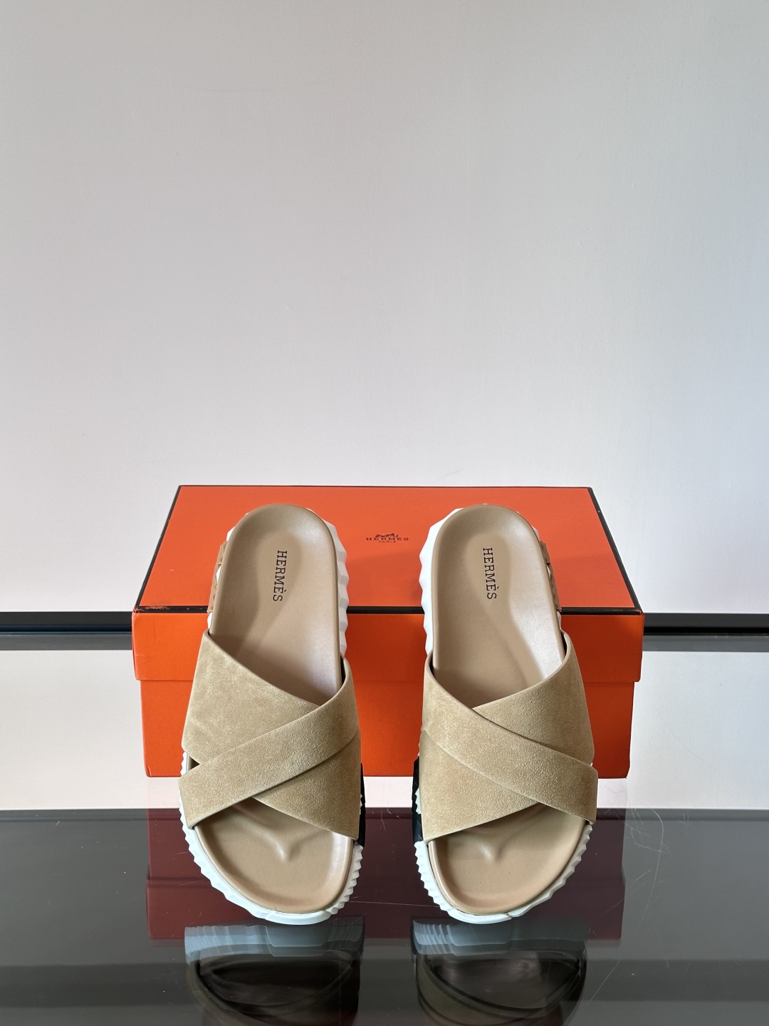 Hermès Khaki Suede Cross Slides - White Sole