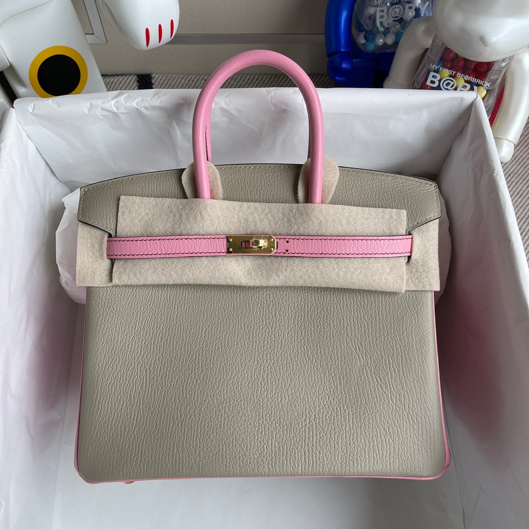 Hermes Birkin 25 HSS Gris Tortuelle / 5P Bubblegum Pink Chevre Brushed Gold HW