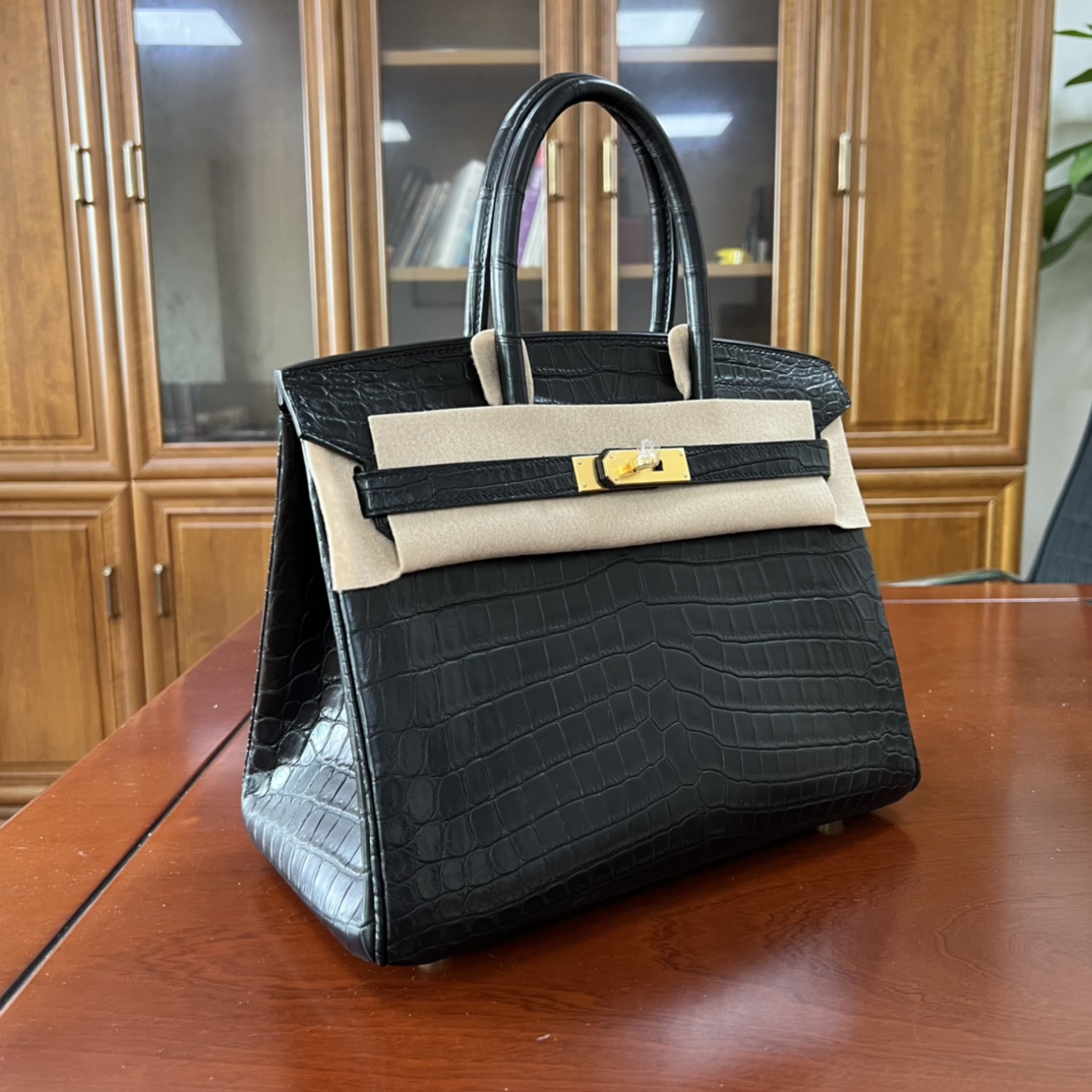 Hermes Birkin 25 Matte Alligator Black Gold Buckle Gold Lock