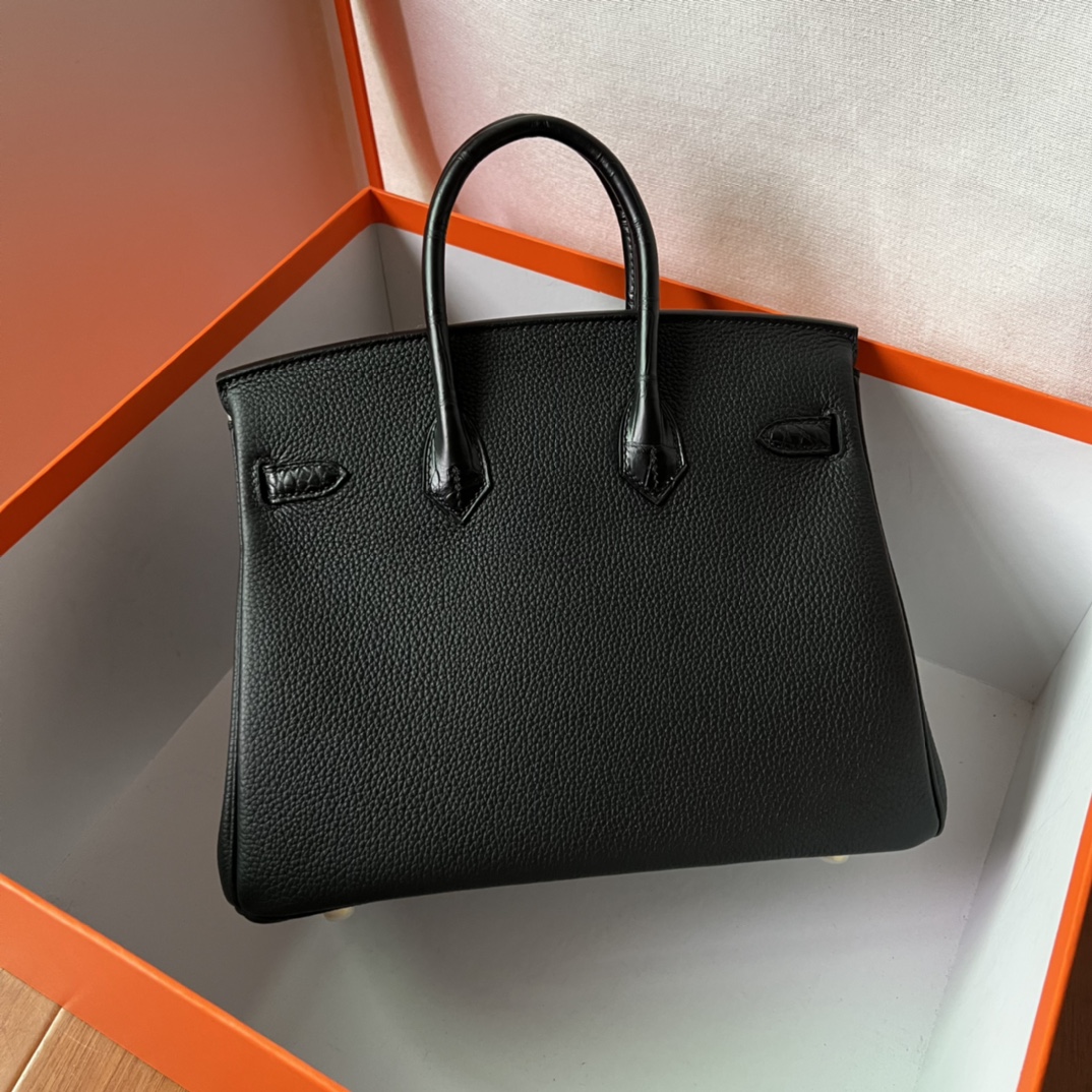 Hermes Birkin 25 touch shiny niloticus in noir/black gold
