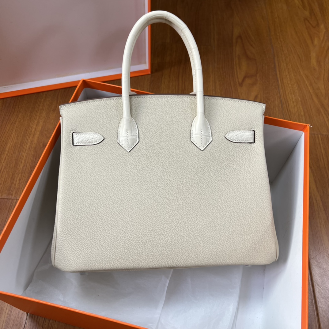 Hermes Birkin 30 Clemence Peacock Beige Silver