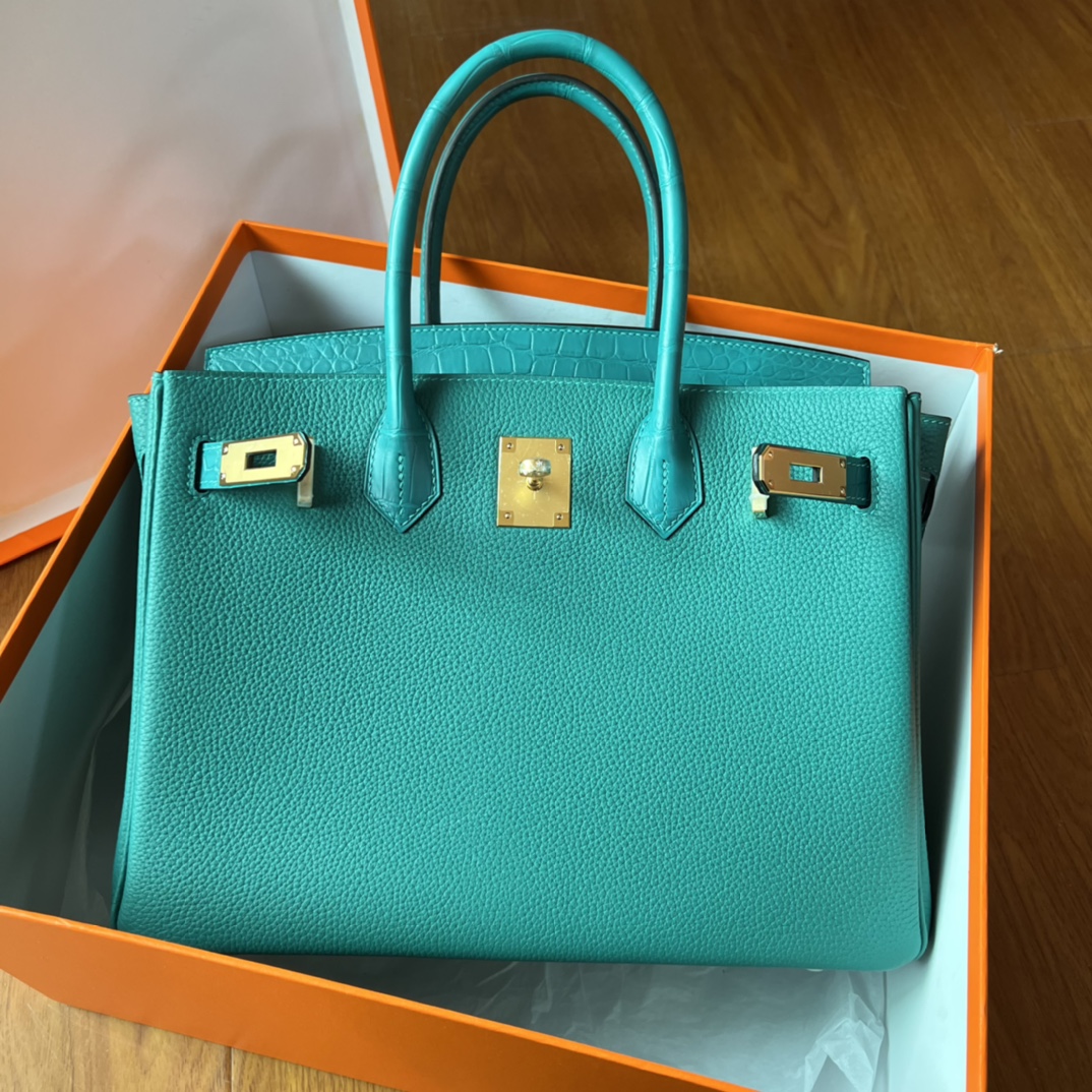 Hermes Birkin 30 Clemence Peacock Blue Gold