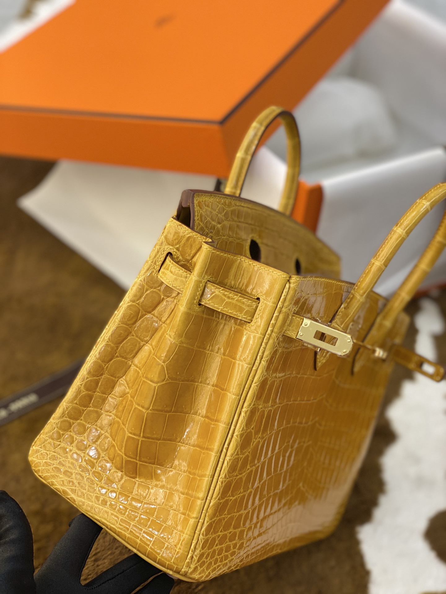 HERMES Birkin 30CM crocodile leather amber gold hardware