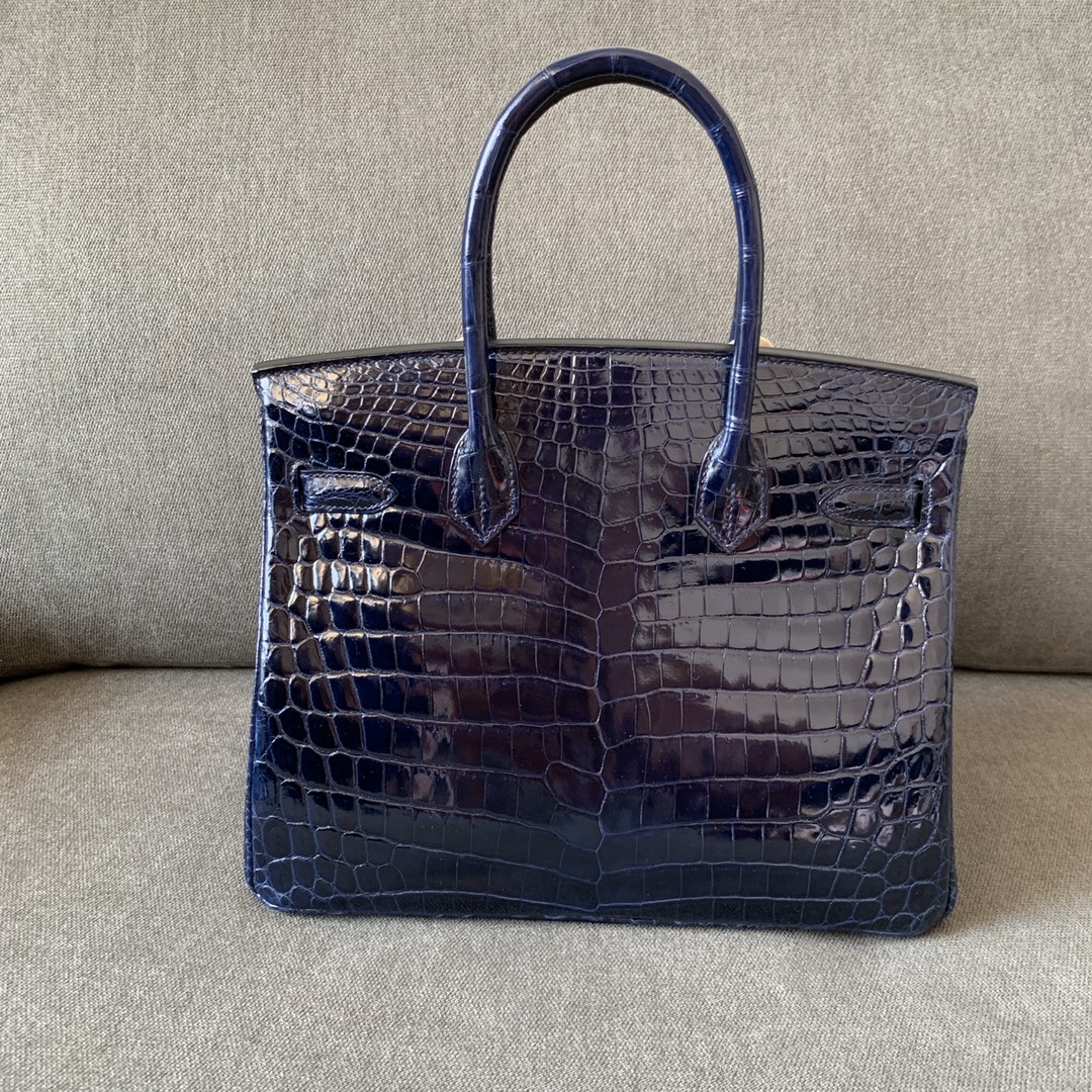 Hermes Birkin BLUE NUIT Shiny crocodile Dark Deep Blue Silver Hardware Handmade 30cm
