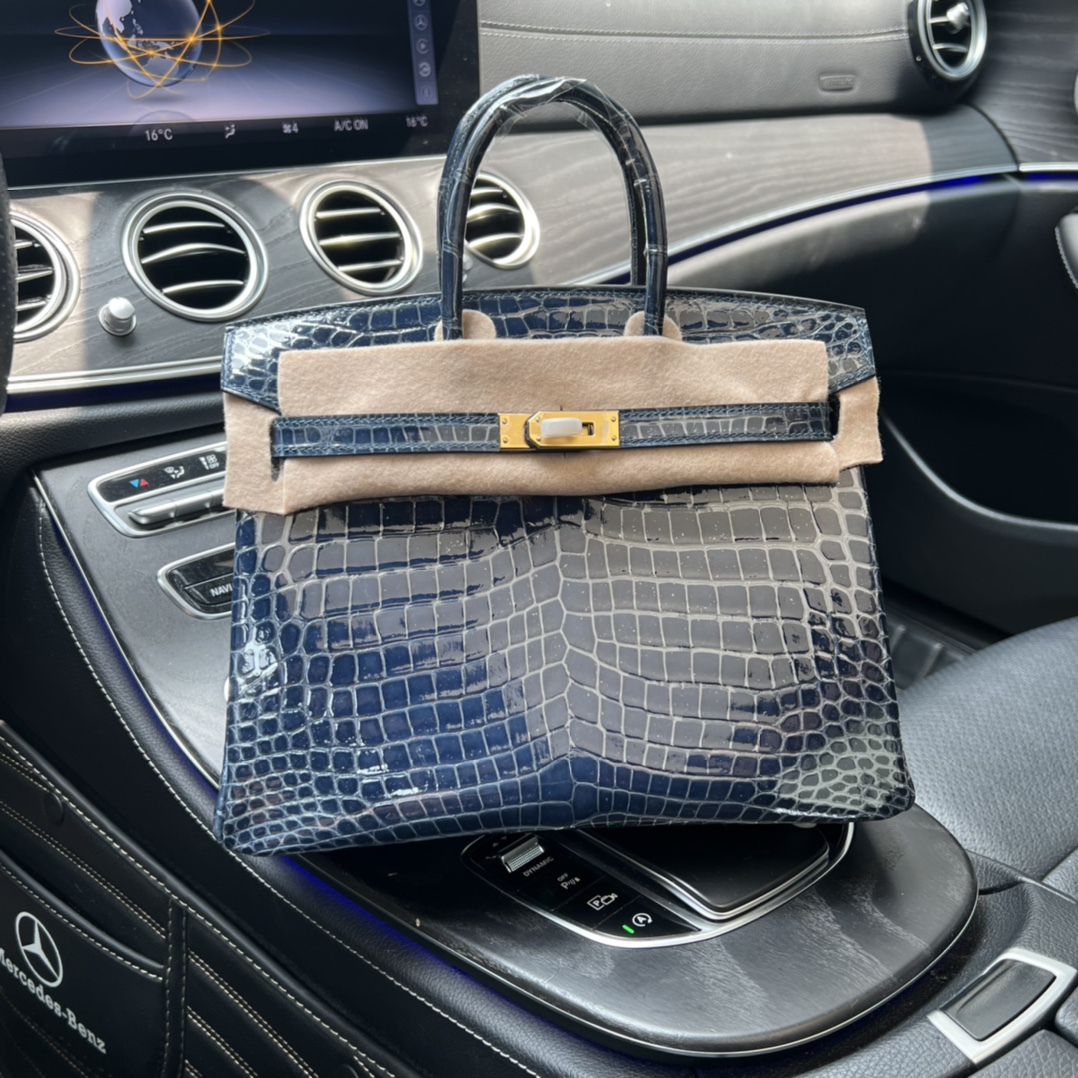 Hermes Birkin BLUE NUIT Shiny crocodile Dark Deep Blue Silver Hardware Handmade 30cm