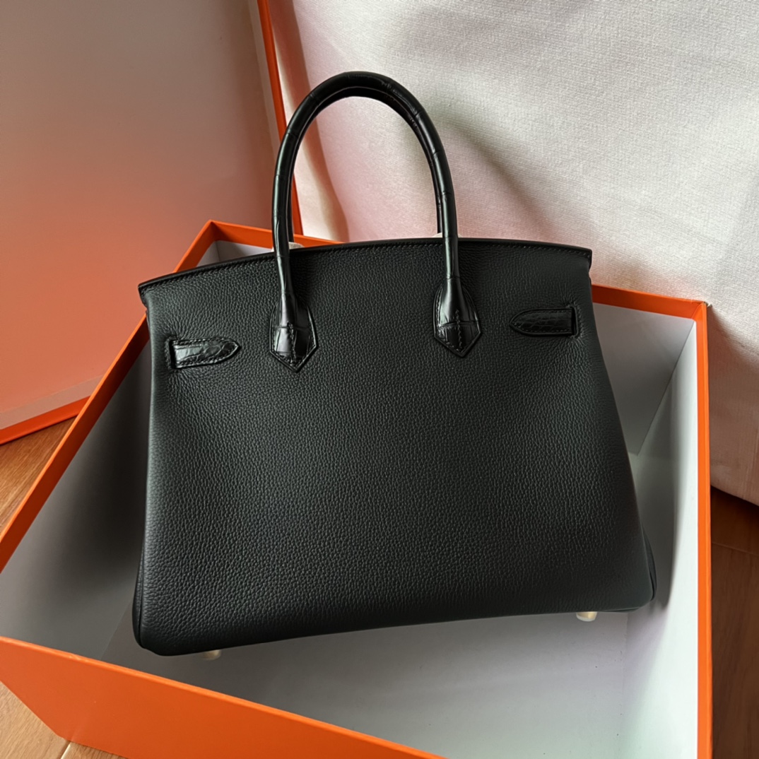 Hermes Birkin Touch Togo & Matte Alligator Noir Handmade bag 25cm