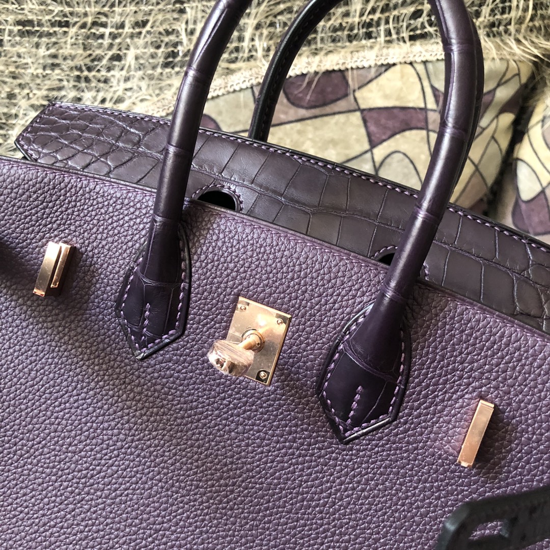Hermes Birkin Touch Togo & Matte crocodile grape purple Rose Gold Hardware Handmade 25cm