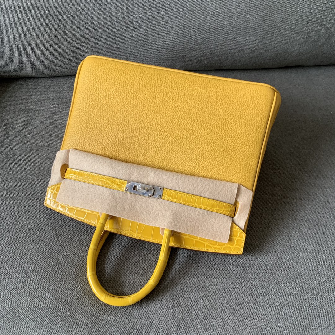 Hermes Birkin Touch Togo & Shiny crocodile Amber Yellow Silver Hardware Handmade