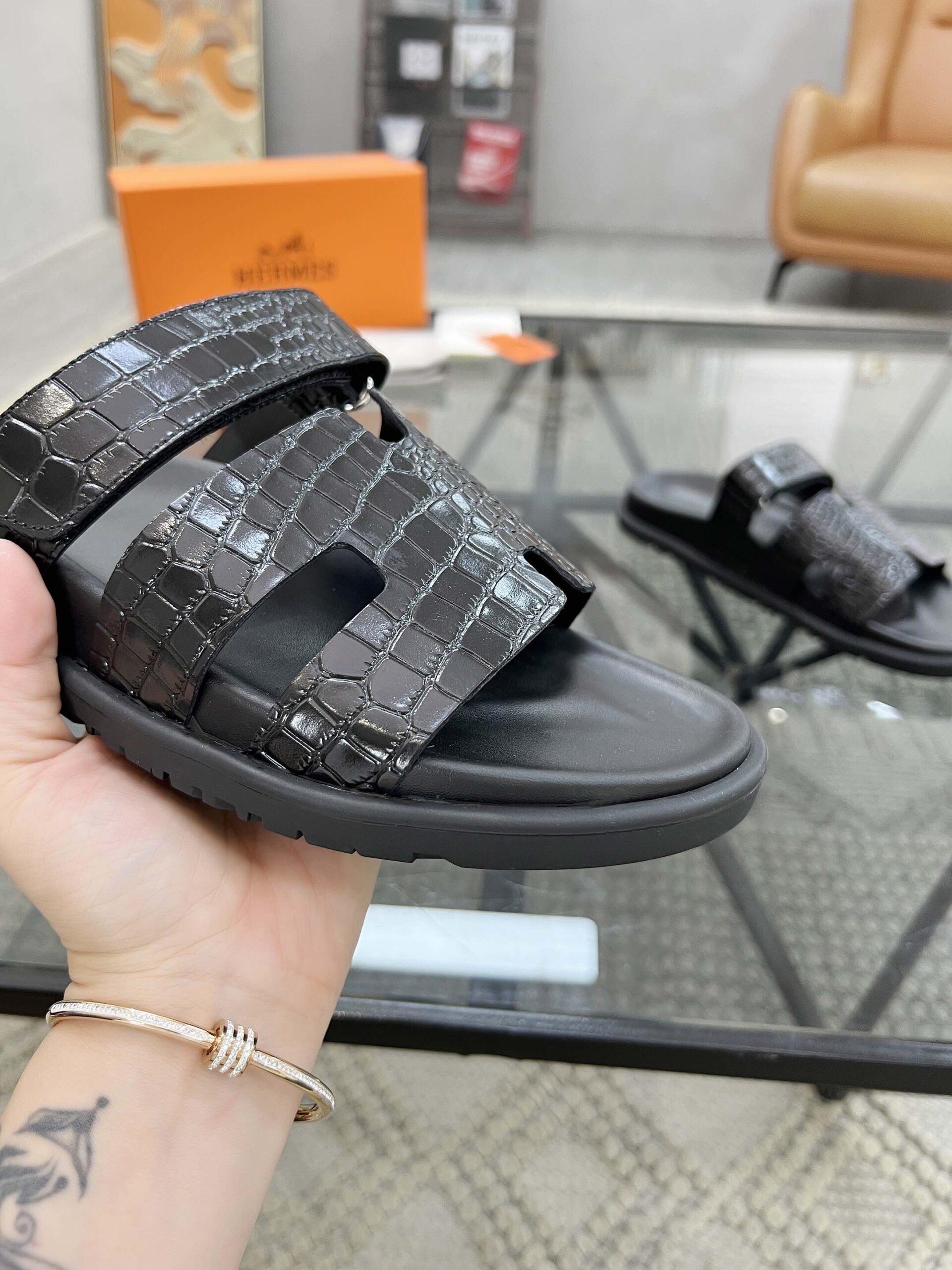 Hermes Black Crocodile Leather Izmir Sandals