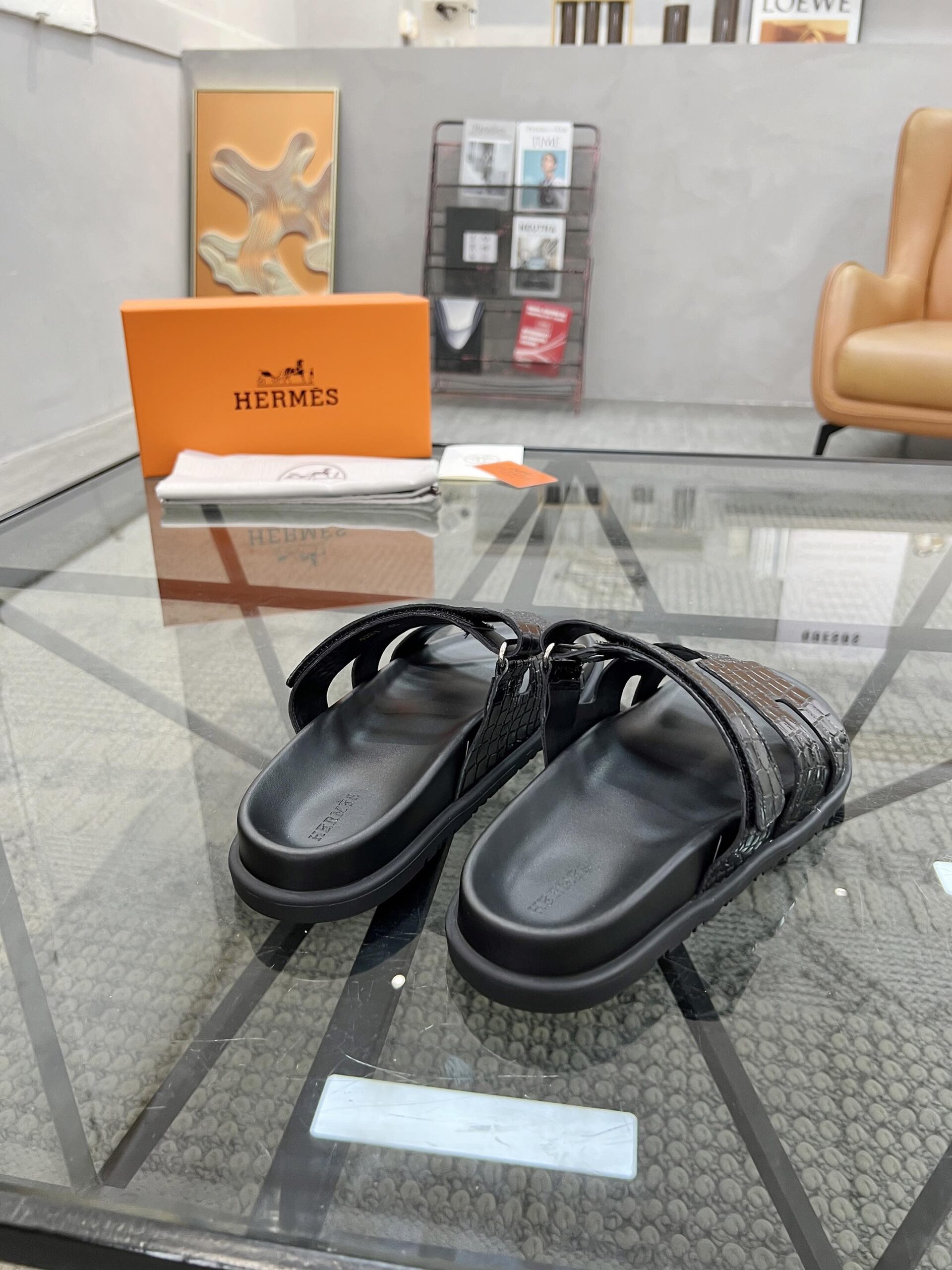 Hermes Black Crocodile Leather Izmir Sandals