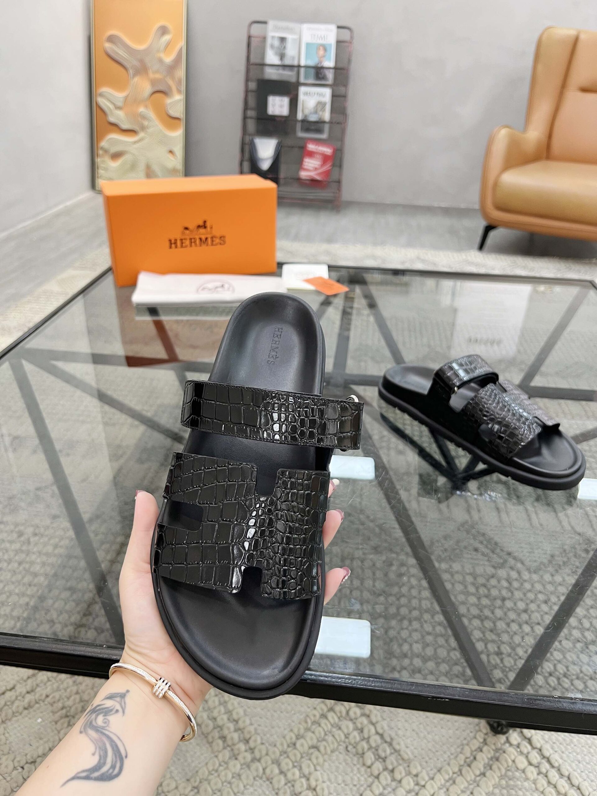 Hermes Black Crocodile Leather Izmir Sandals