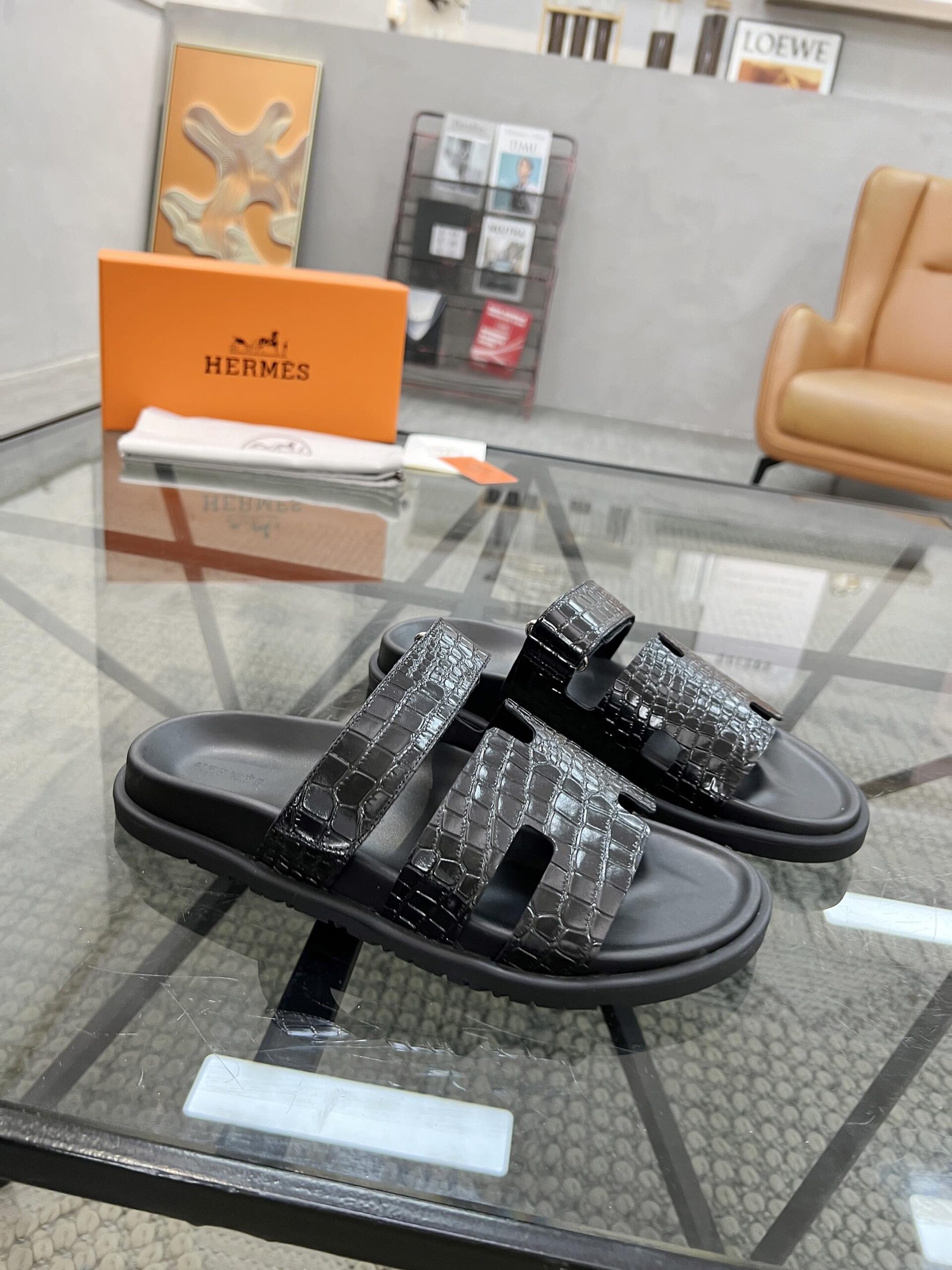 Hermes Black Crocodile Leather Izmir Sandals
