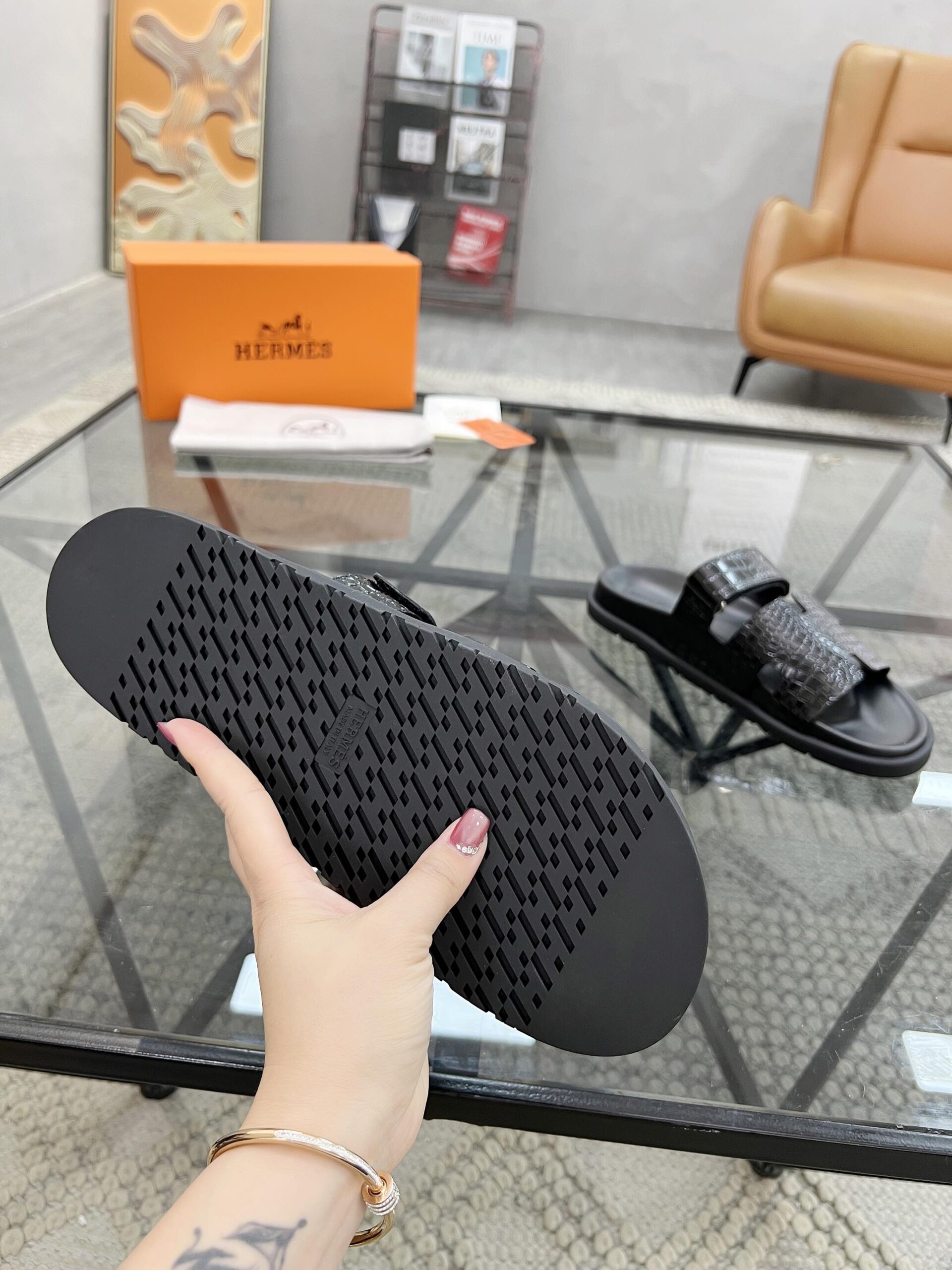 Hermes Black Crocodile Leather Izmir Sandals