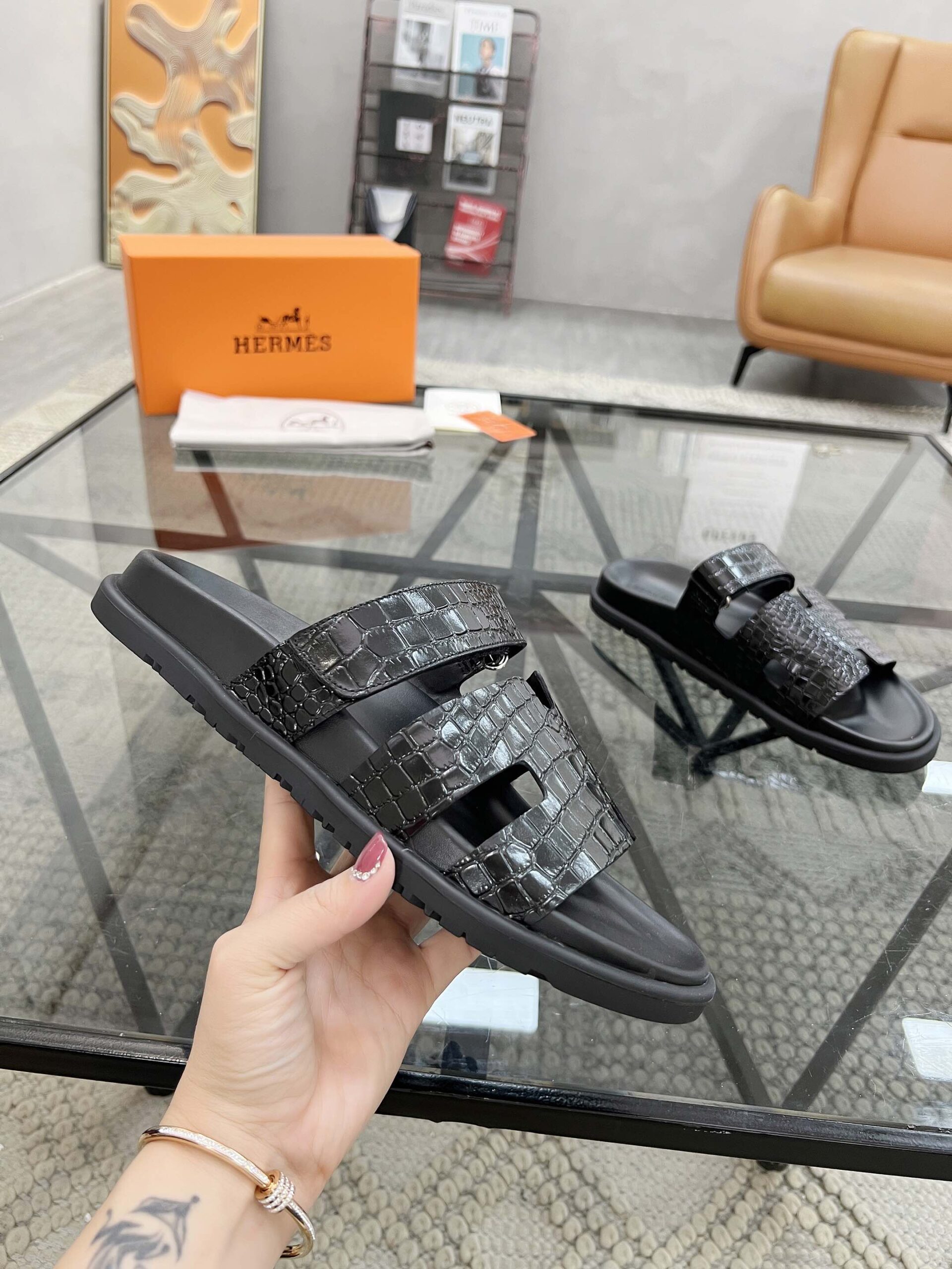 Hermes Black Crocodile Leather Izmir Sandals
