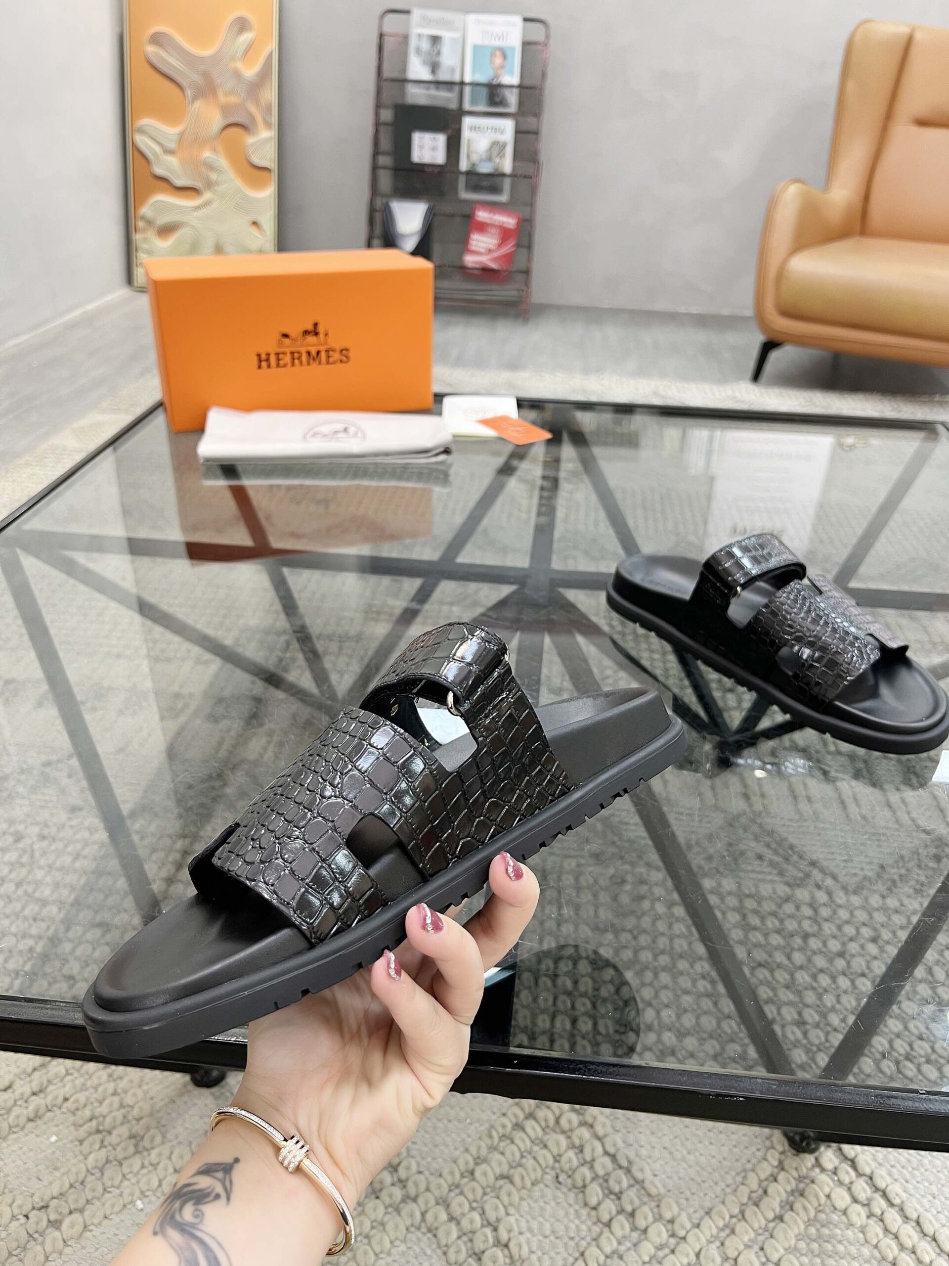 Hermes Black Crocodile Leather Izmir Sandals