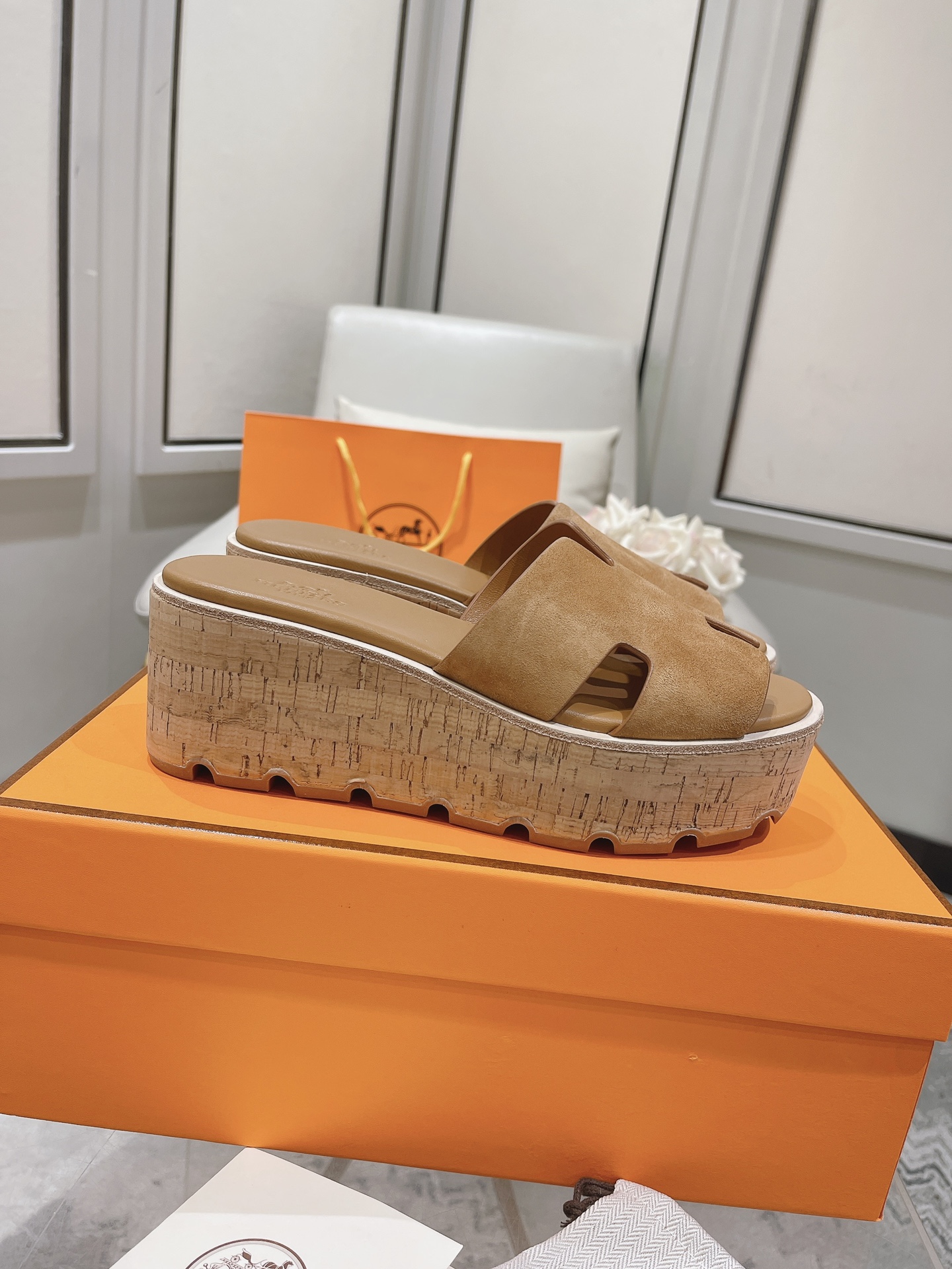 Hermès Camel Suede Platform Slides - Summer Style