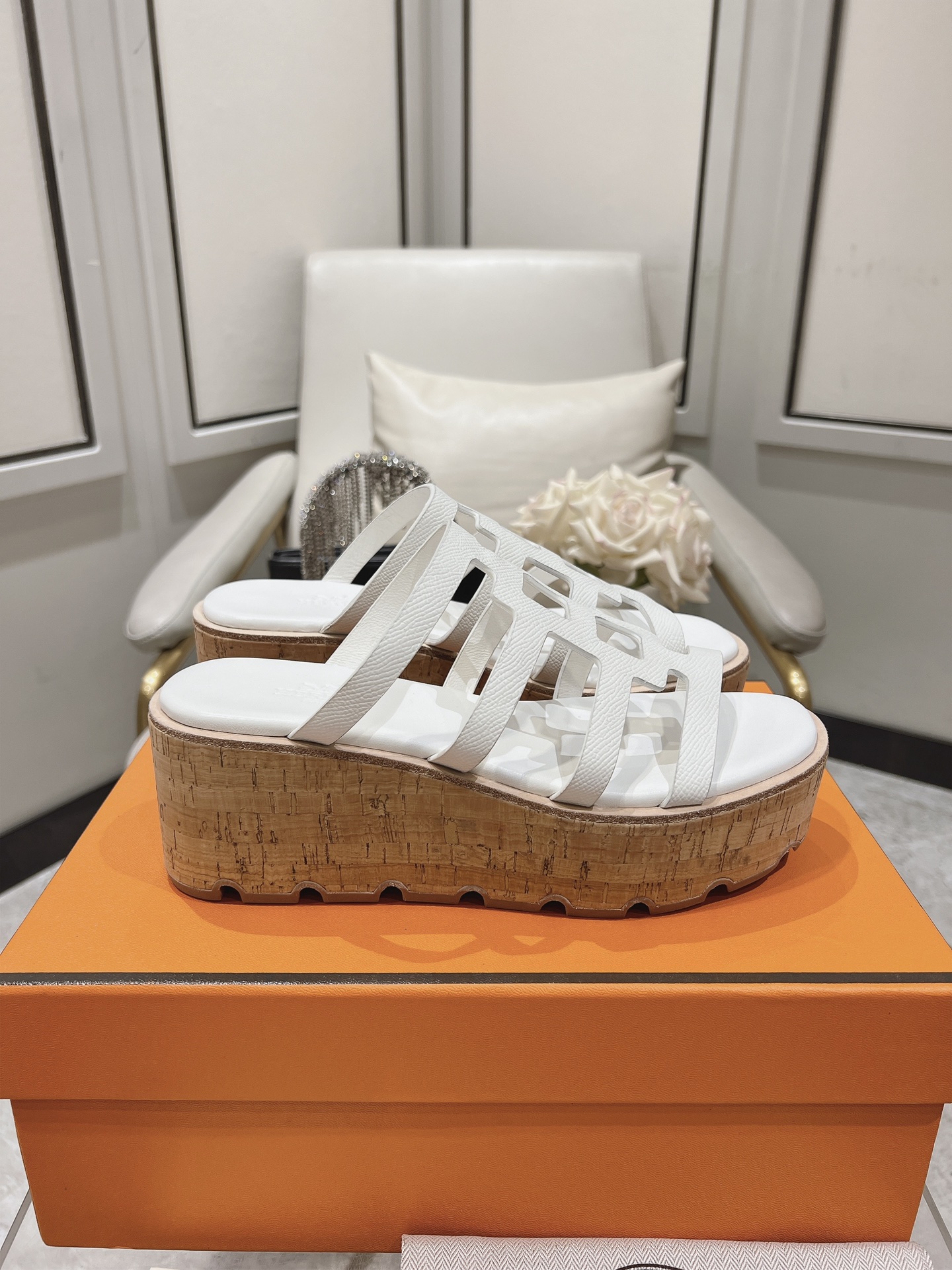 Hermes Calfskin Cork Isabella 30 Sandals White