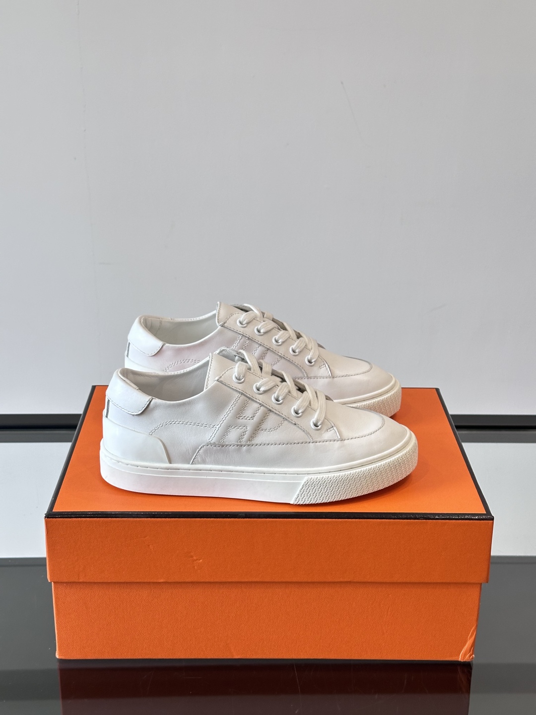 Hermes  Calfskin Deep Sneakers  White Naturel
