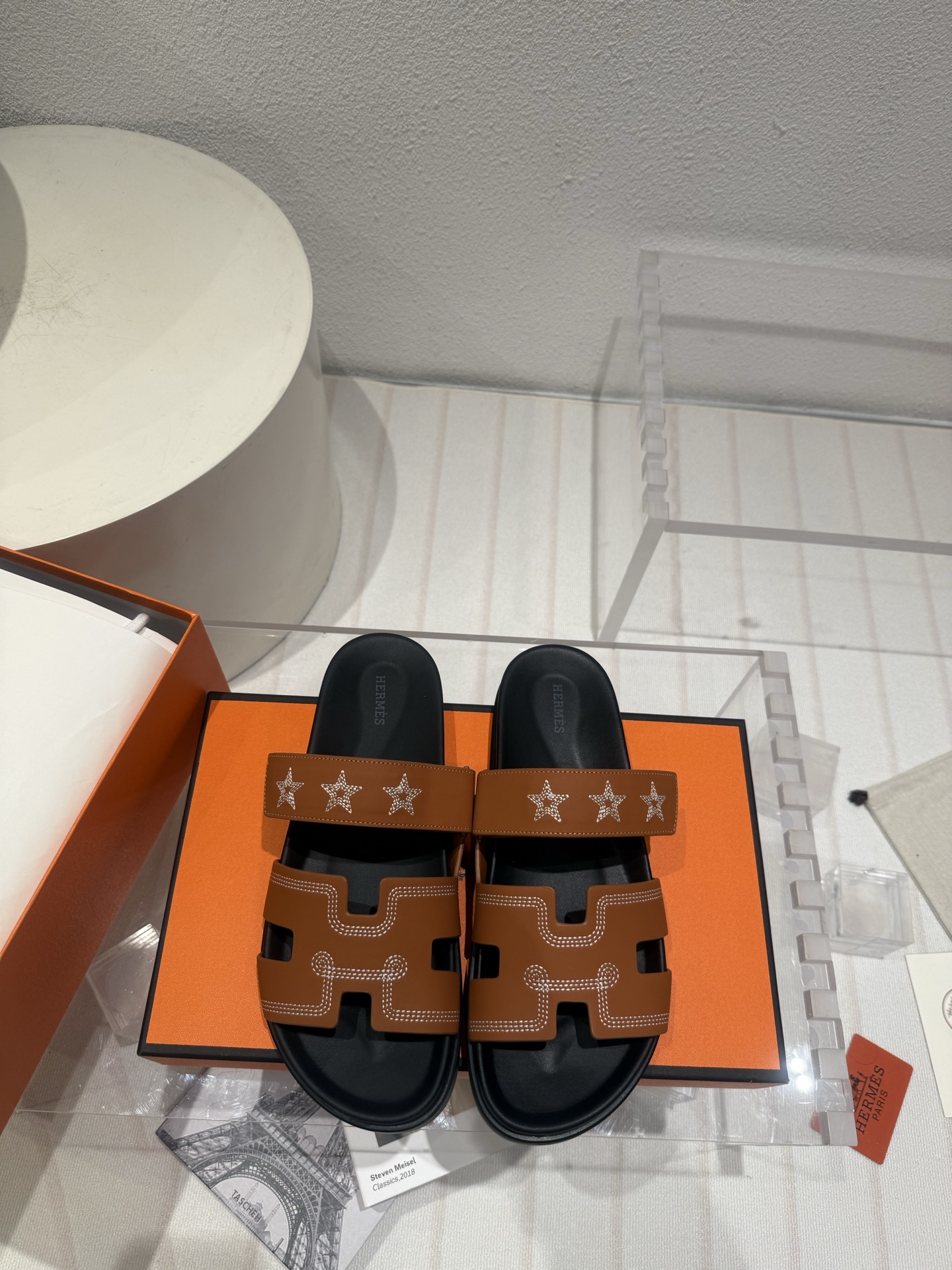 Hermes  Calfskin Embroidered Womens Chypre Sandals  Natural