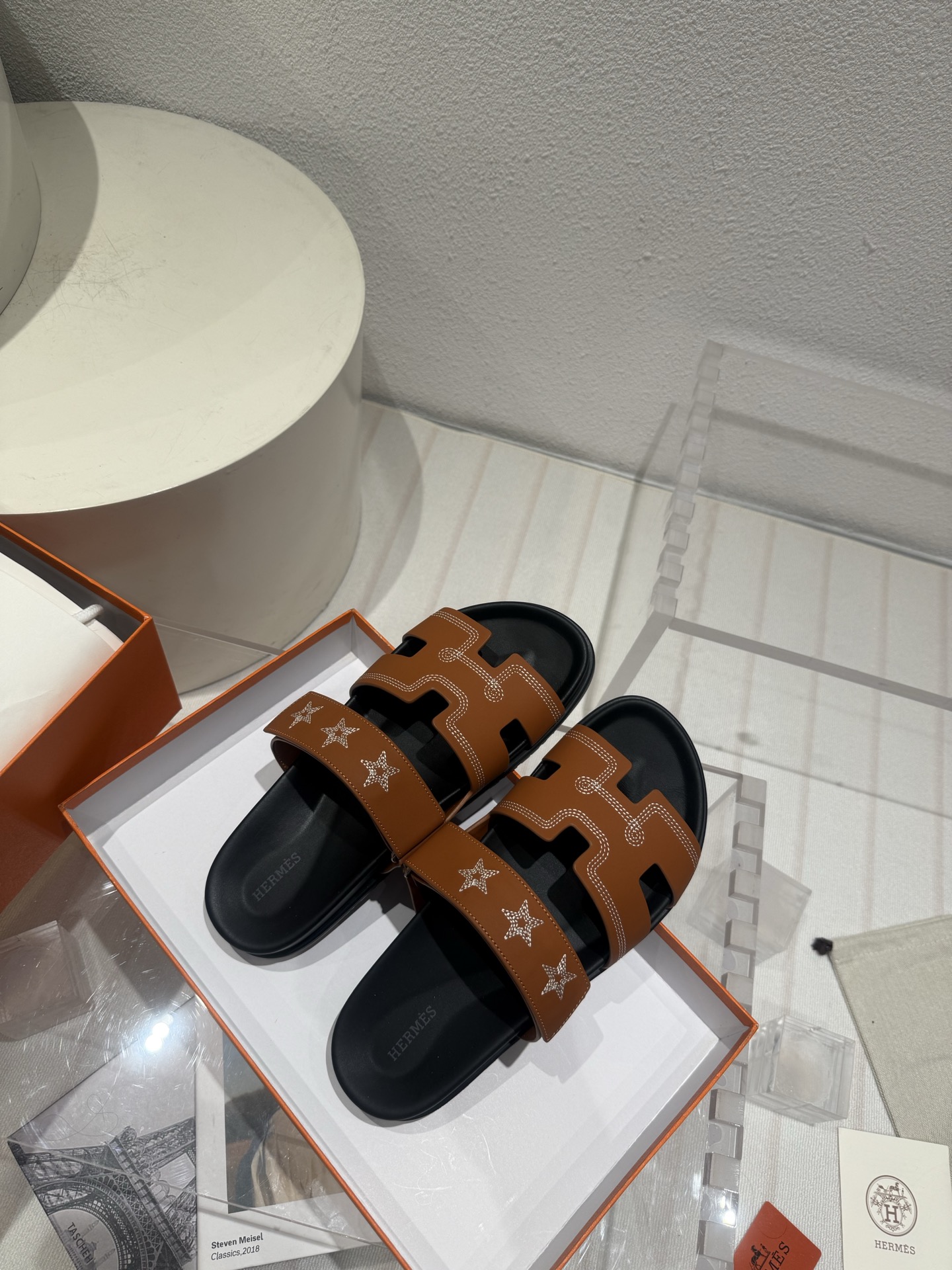 Hermes  Calfskin Embroidered Womens Chypre Sandals  Natural