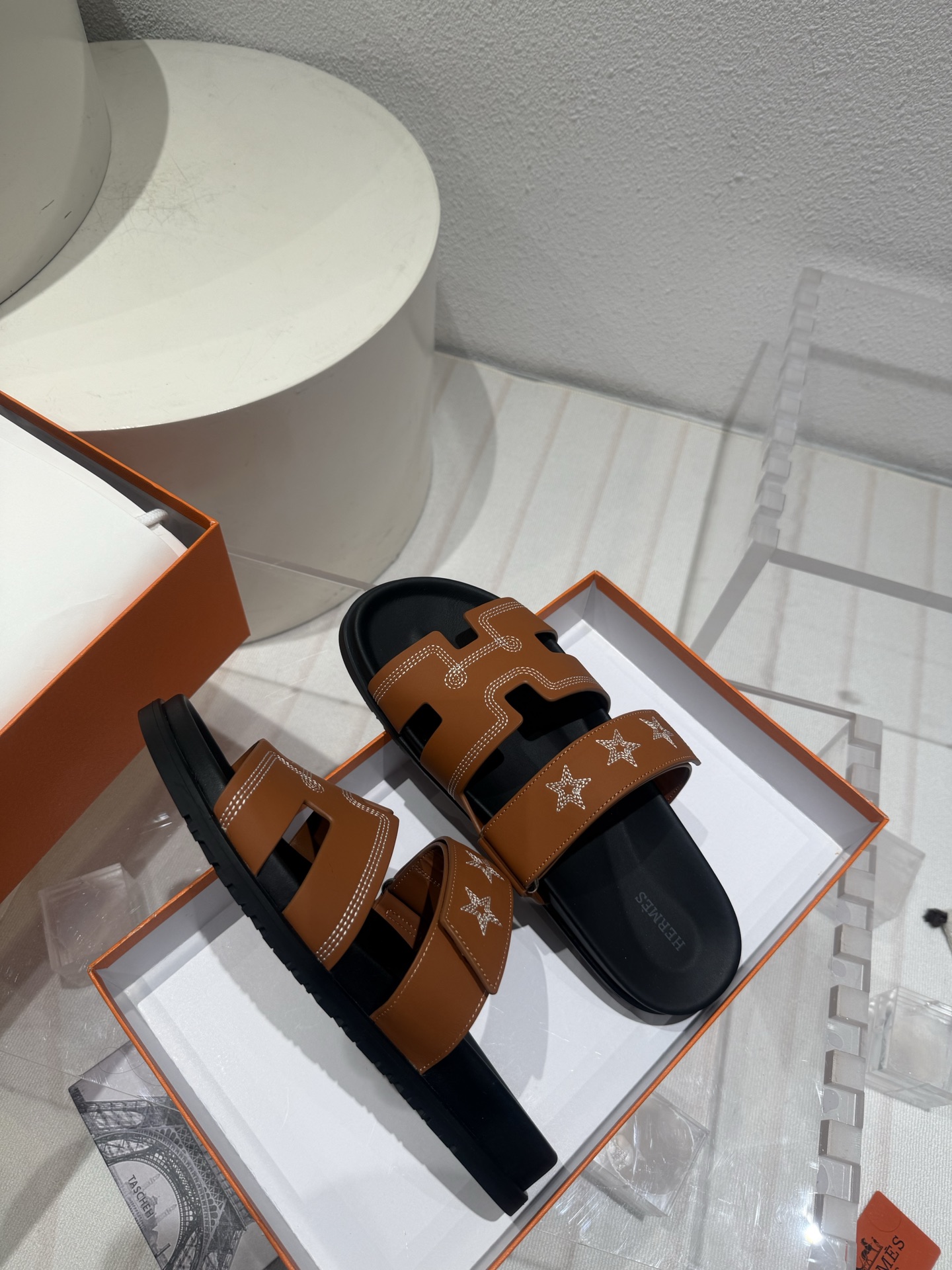 Hermes  Calfskin Embroidered Womens Chypre Sandals  Natural