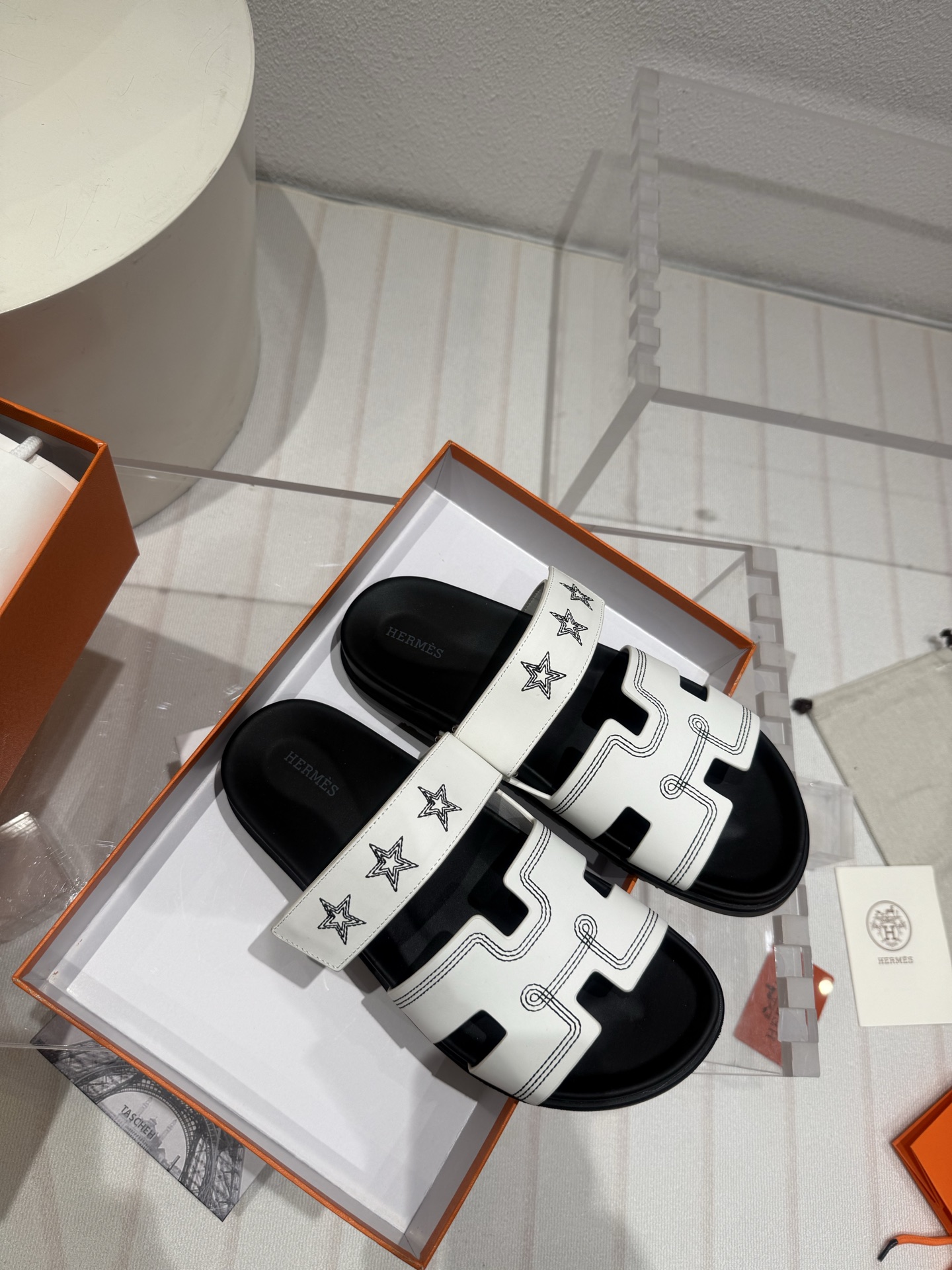 Hermes  Calfskin Embroidered Womens Chypre Sandals white