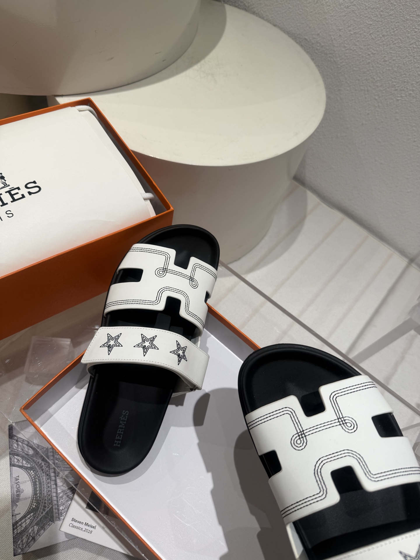 Hermes  Calfskin Embroidered Womens Chypre Sandals white