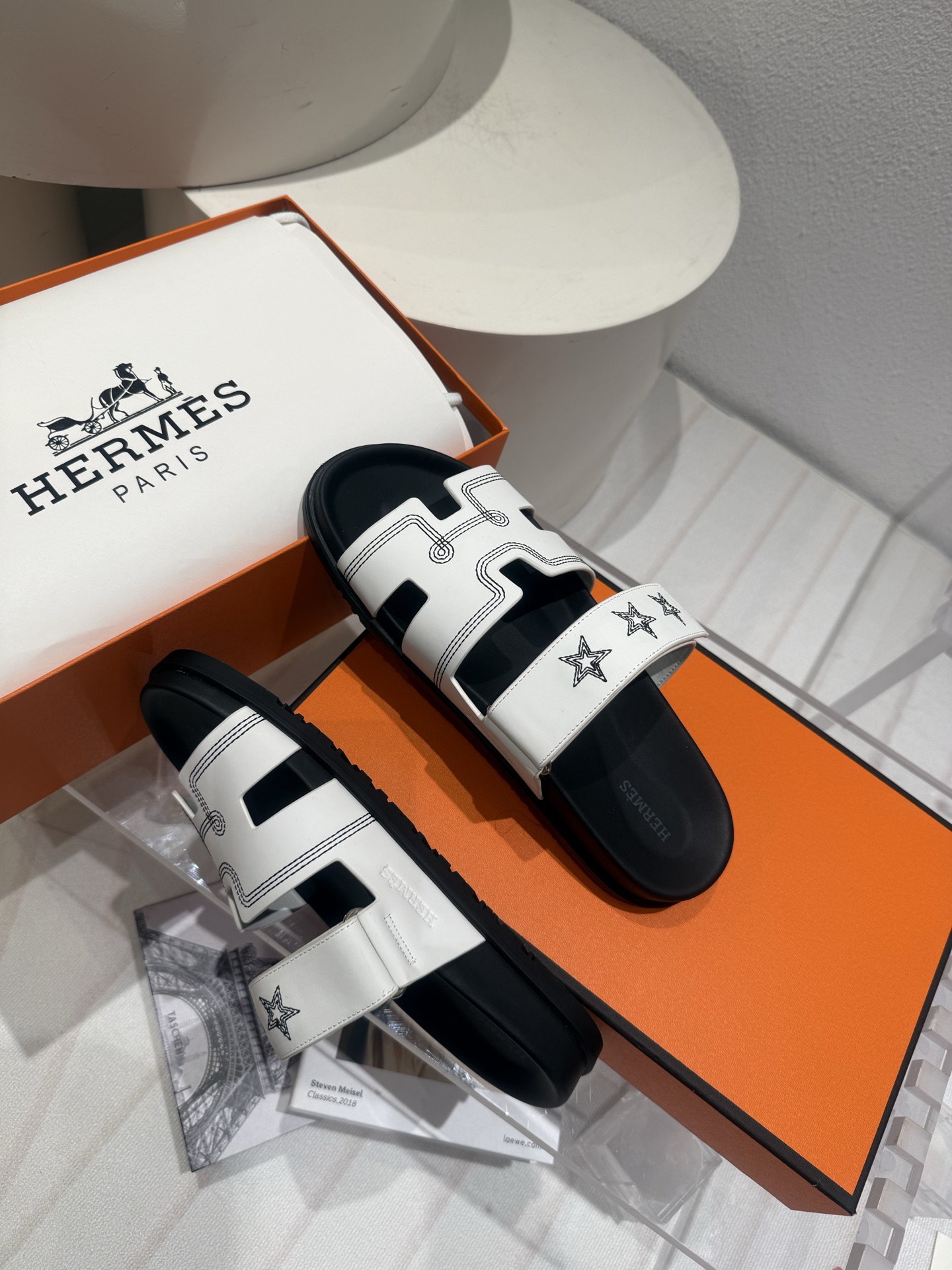 Hermes  Calfskin Embroidered Womens Chypre Sandals white