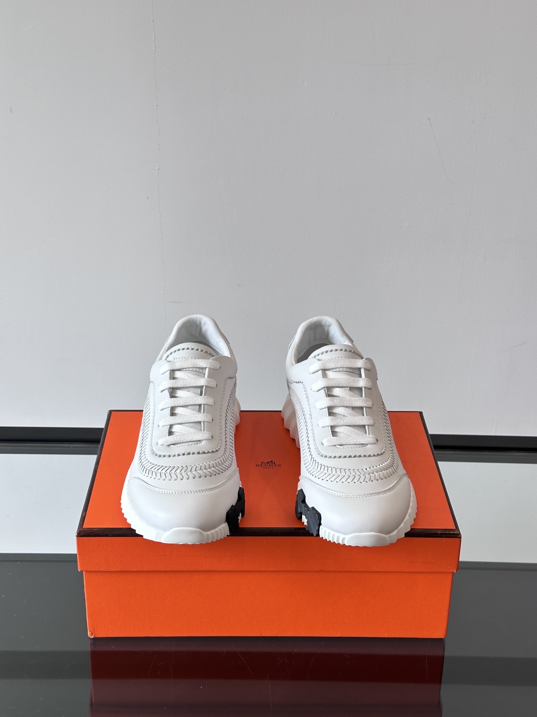 Hermes  Calfskin Herringbone Braided Bouncing Sneakers  White