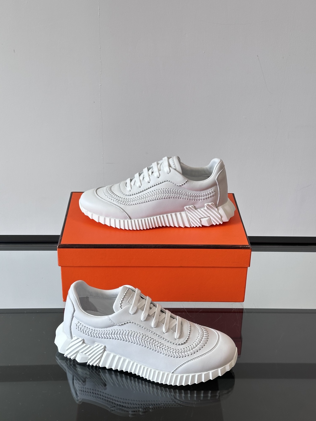 Hermes  Calfskin Herringbone Braided Bouncing Sneakers  White