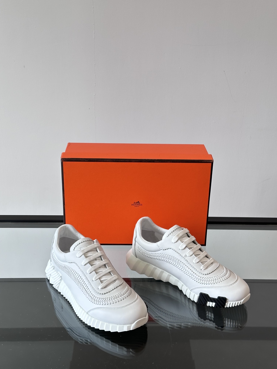 Hermes  Calfskin Herringbone Braided Bouncing Sneakers  White