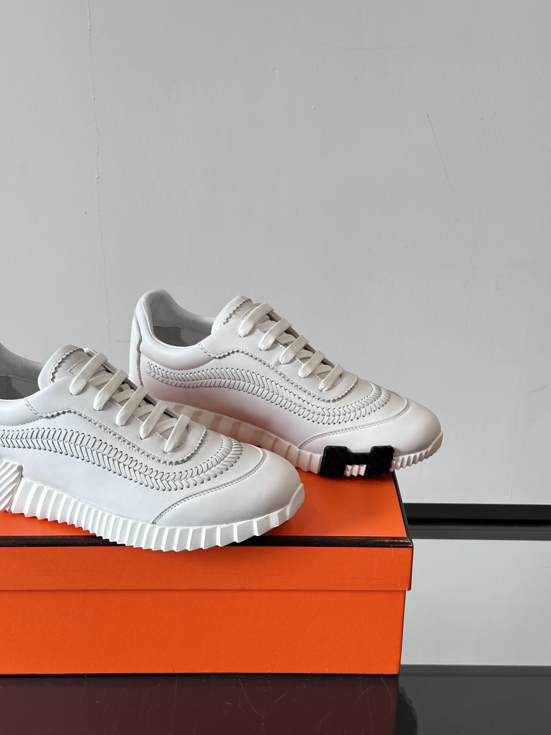 Hermes  Calfskin Herringbone Braided Bouncing Sneakers  White