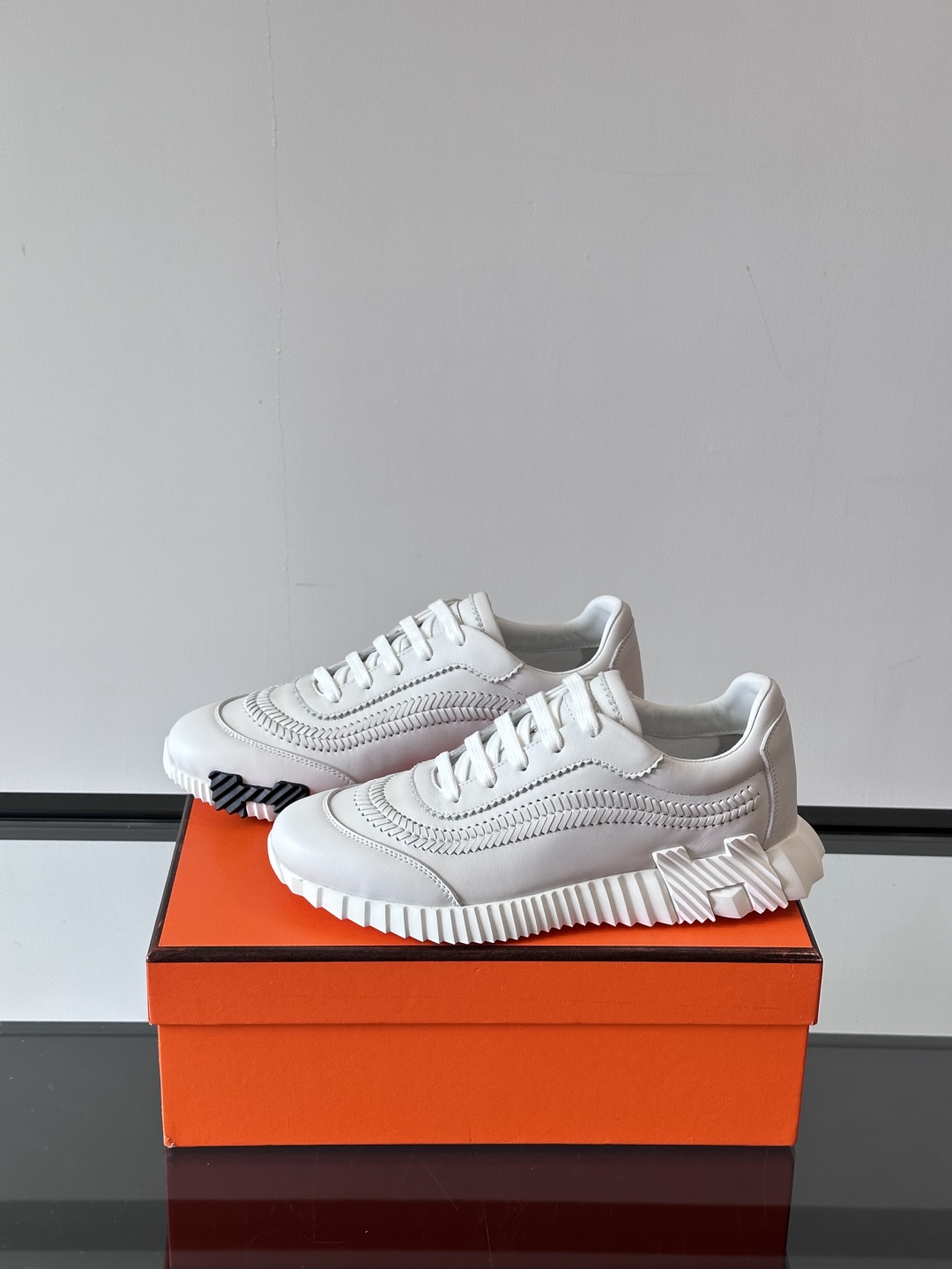 Hermes  Calfskin Herringbone Braided Bouncing Sneakers  White
