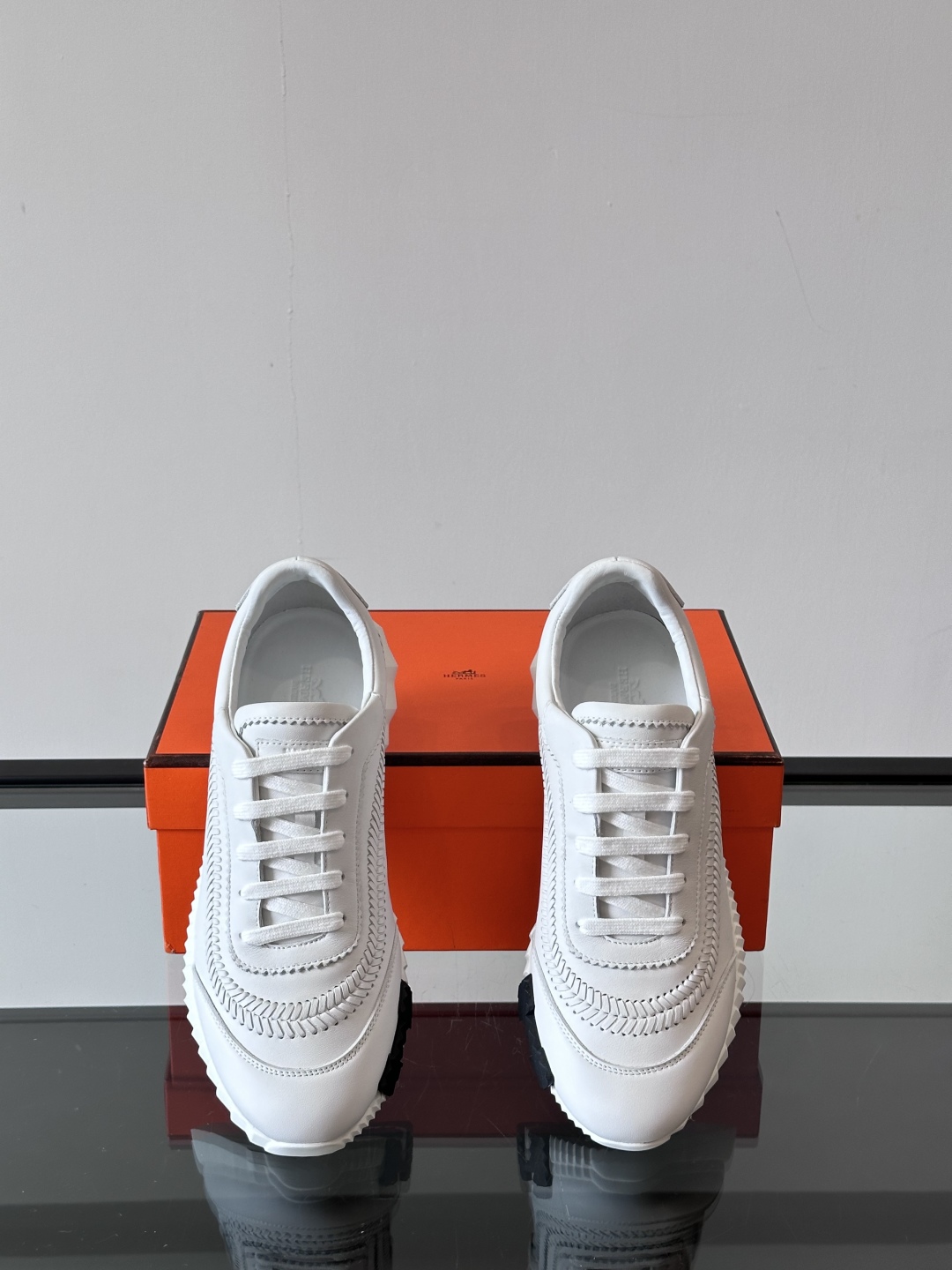 Hermes  Calfskin Herringbone Braided Bouncing Sneakers  White