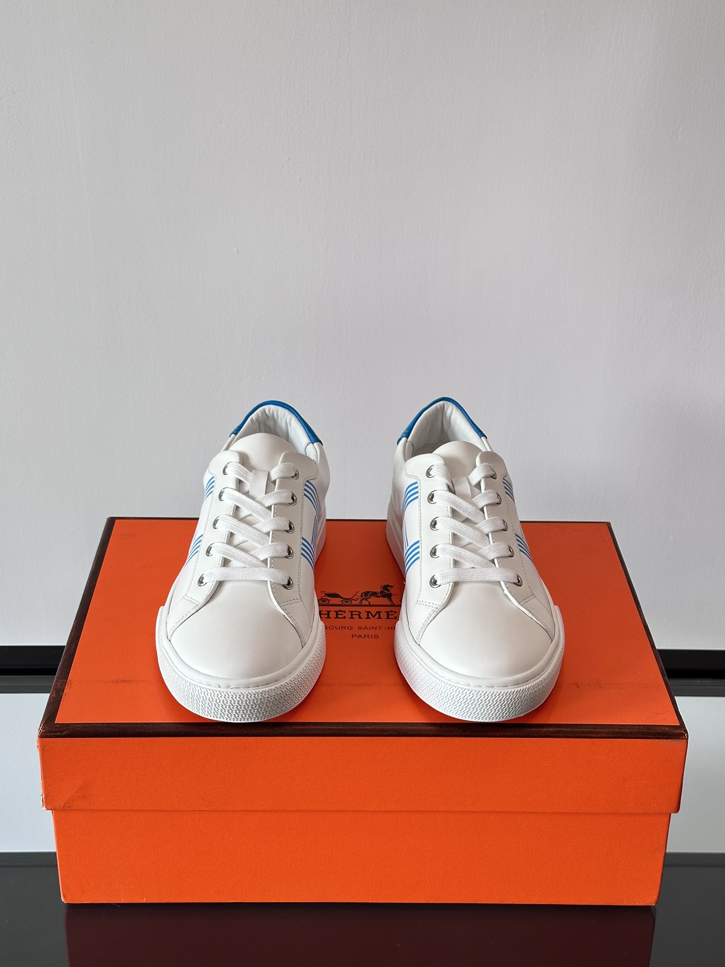 Hermes  Calfskin Mens Advantage Sneakers 44 White Blue