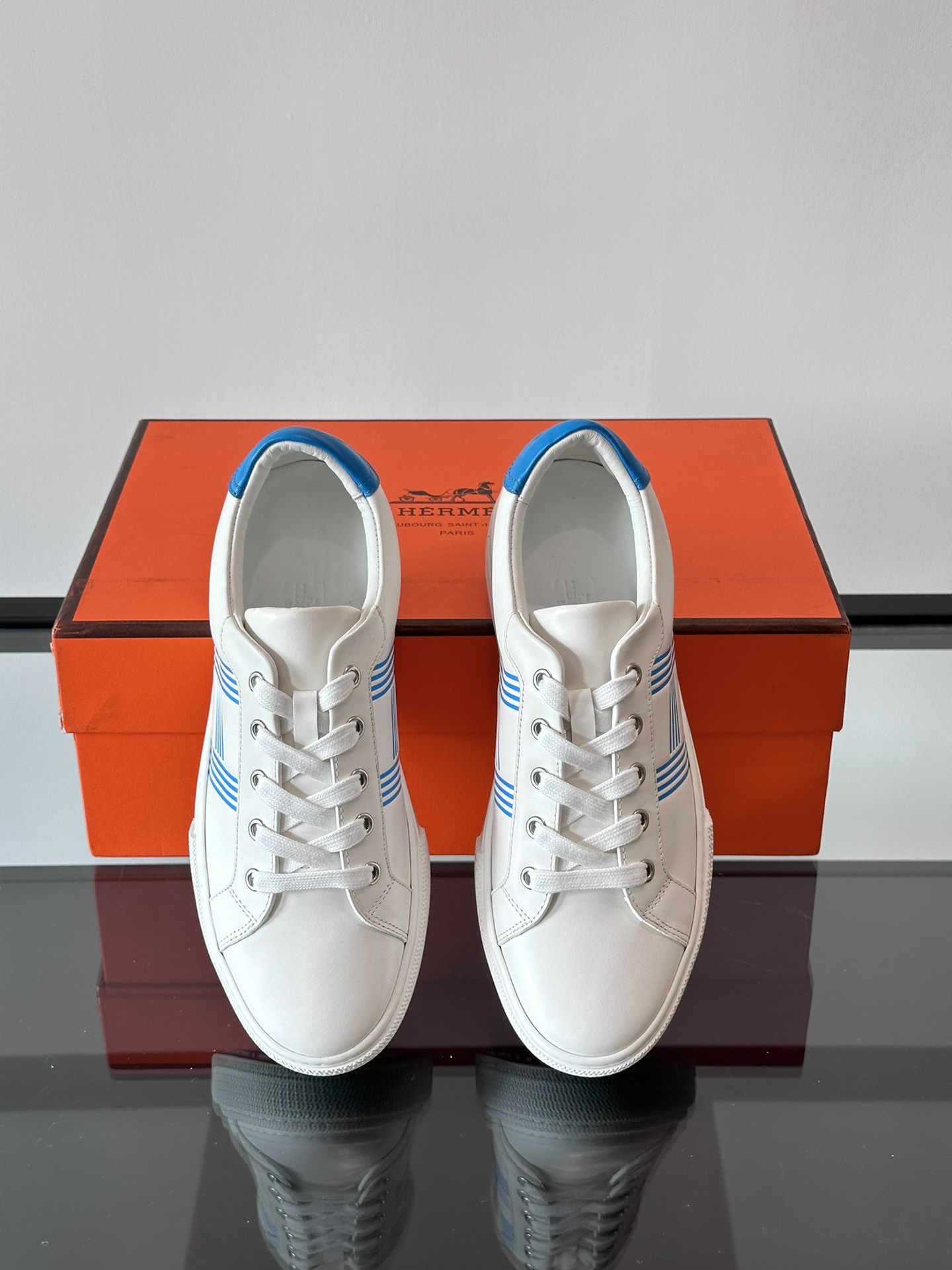 Hermes  Calfskin Mens Advantage Sneakers 44 White Blue
