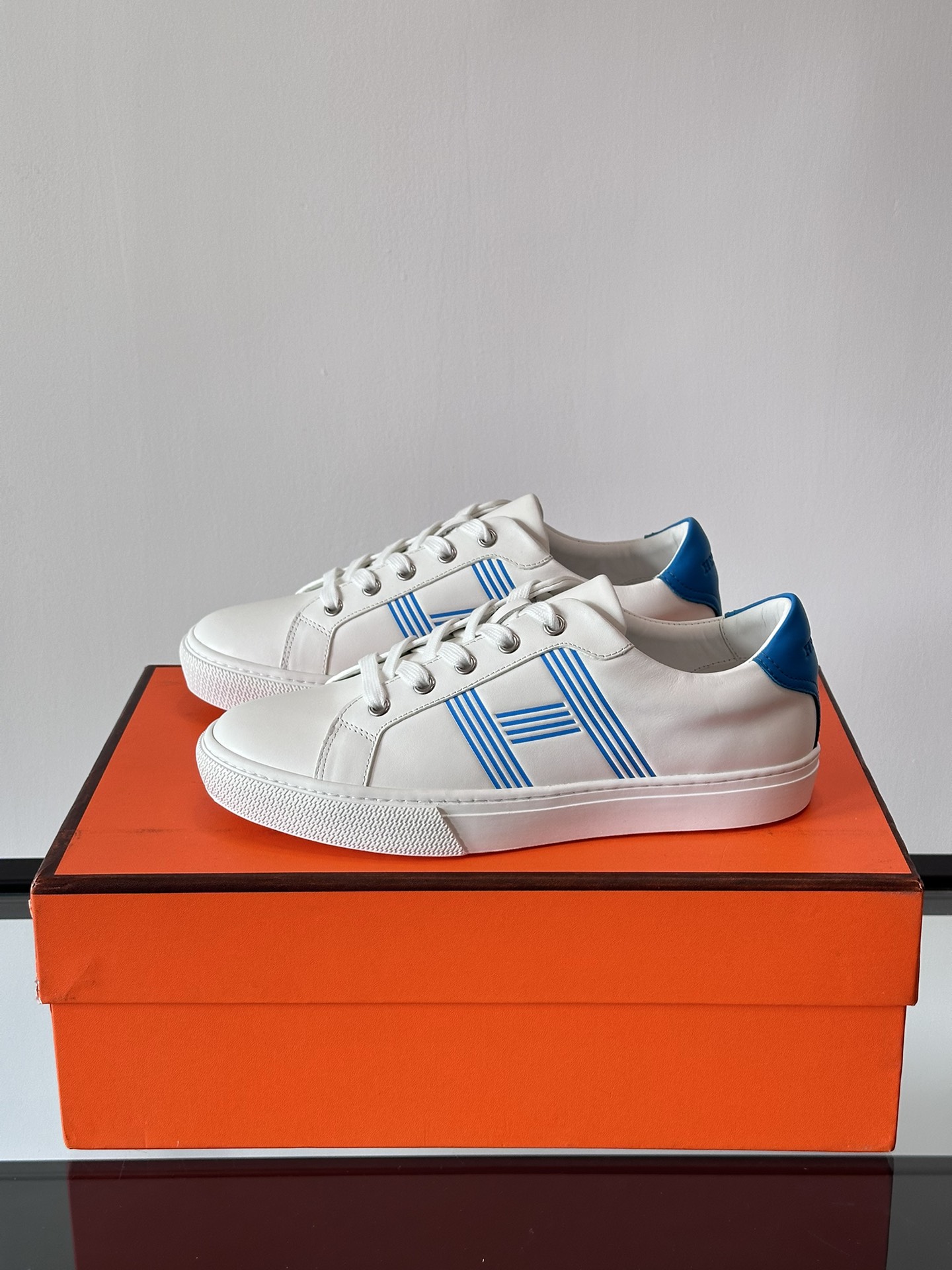 Hermes  Calfskin Mens Advantage Sneakers 44 White Blue