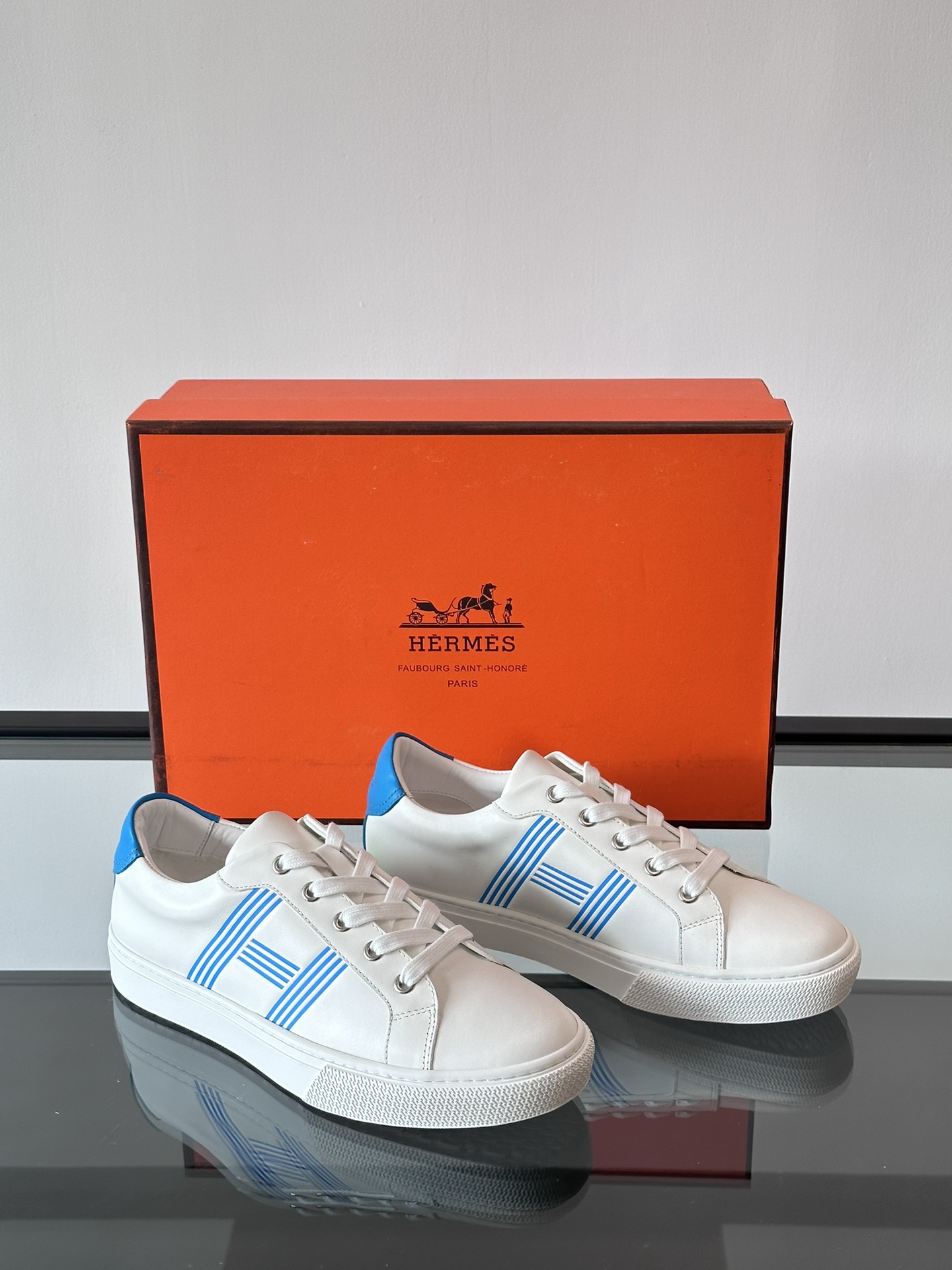 Hermes  Calfskin Mens Advantage Sneakers 44 White Blue