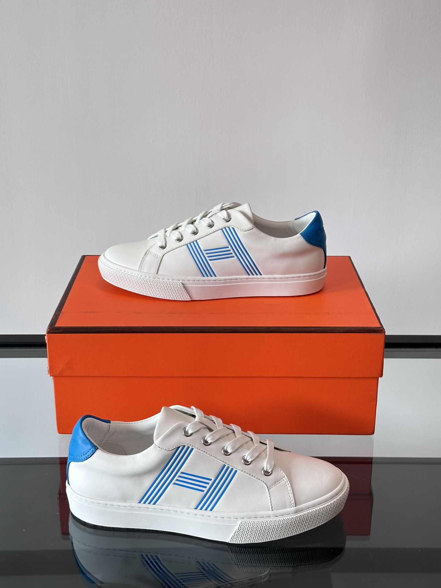 Hermes  Calfskin Mens Advantage Sneakers 44 White Blue