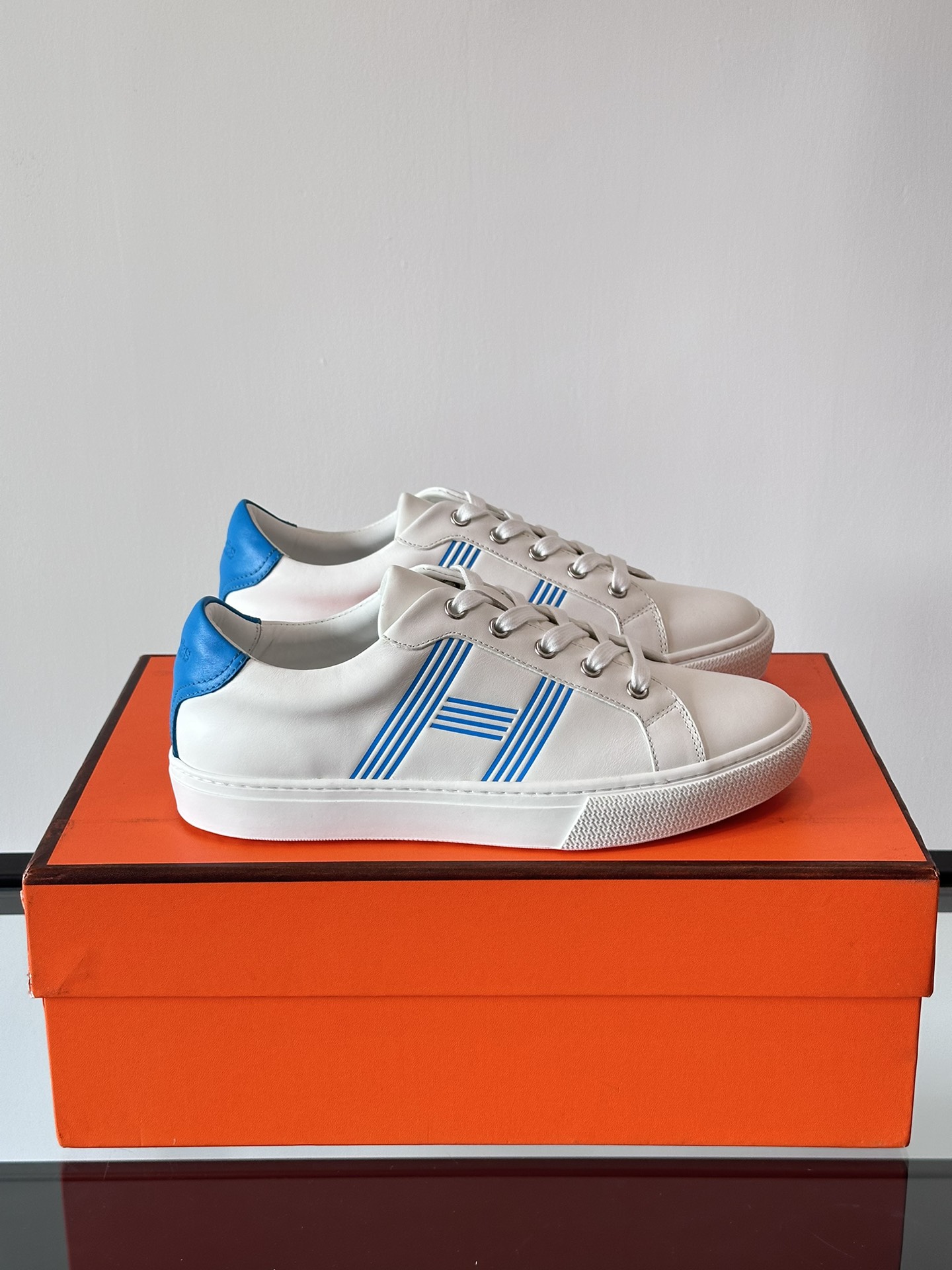 Hermes  Calfskin Mens Advantage Sneakers 44 White Blue