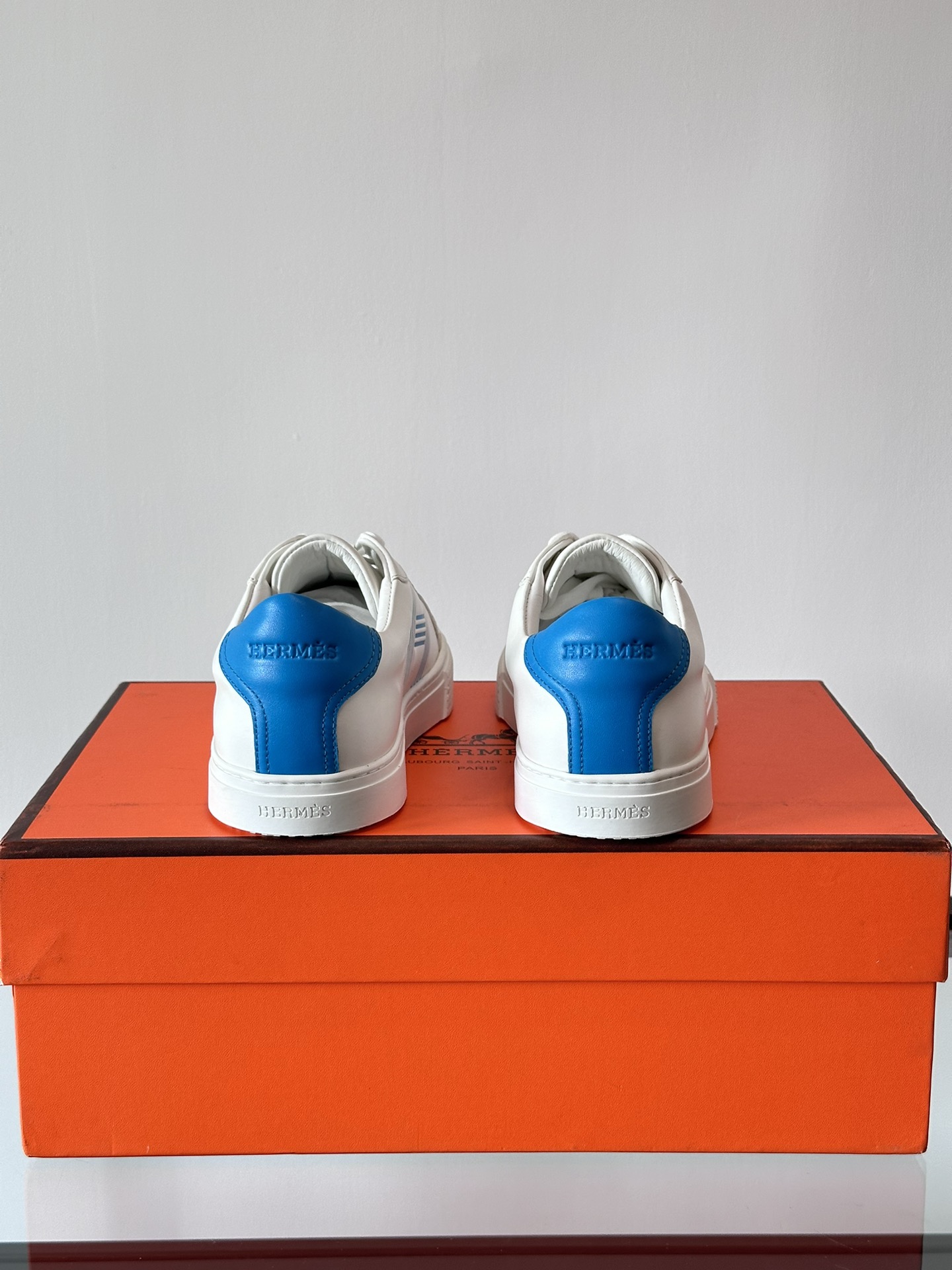 Hermes  Calfskin Mens Advantage Sneakers 44 White Blue