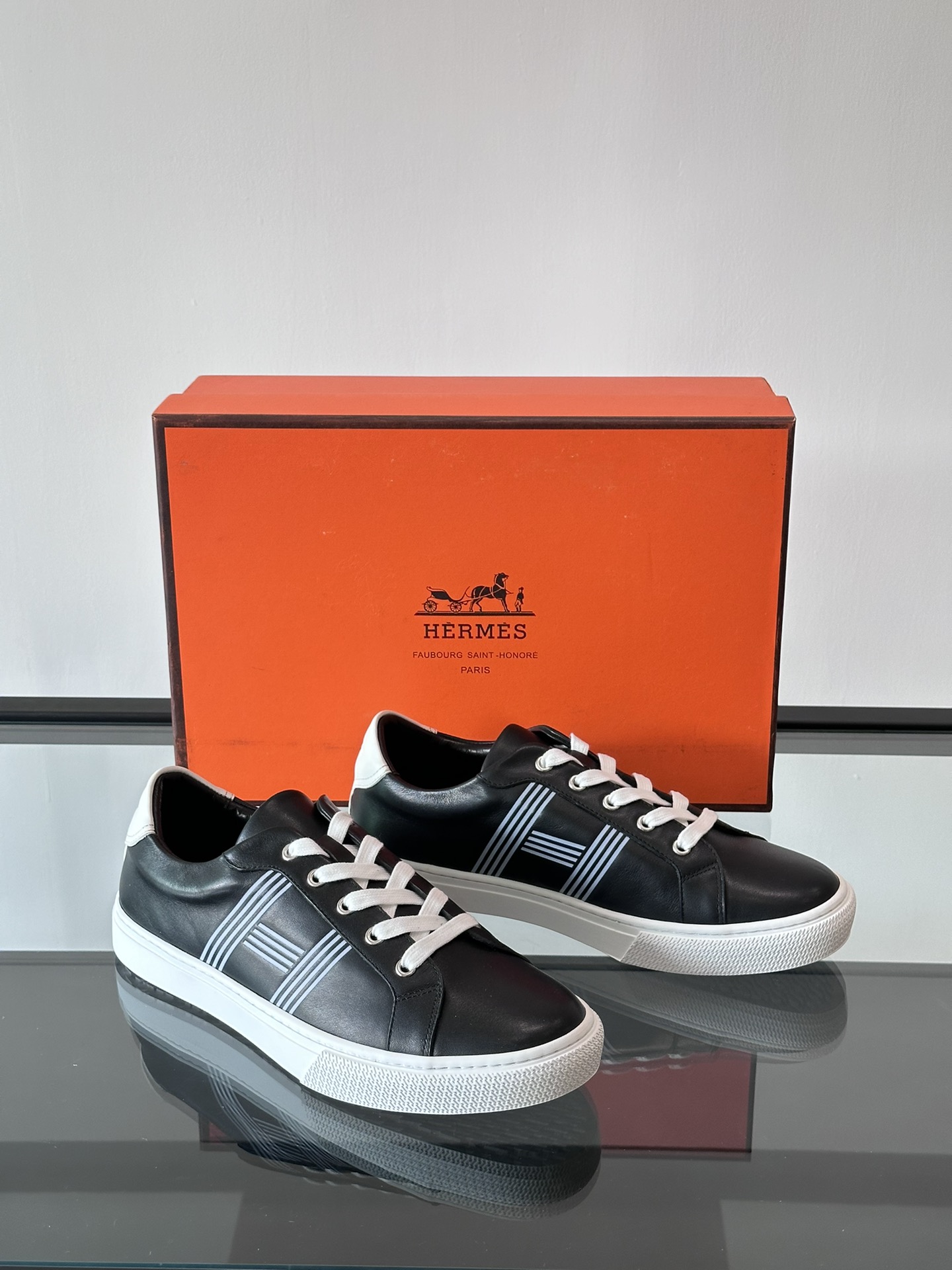 Hermes  Calfskin Mens Advantage Sneakers  Black White
