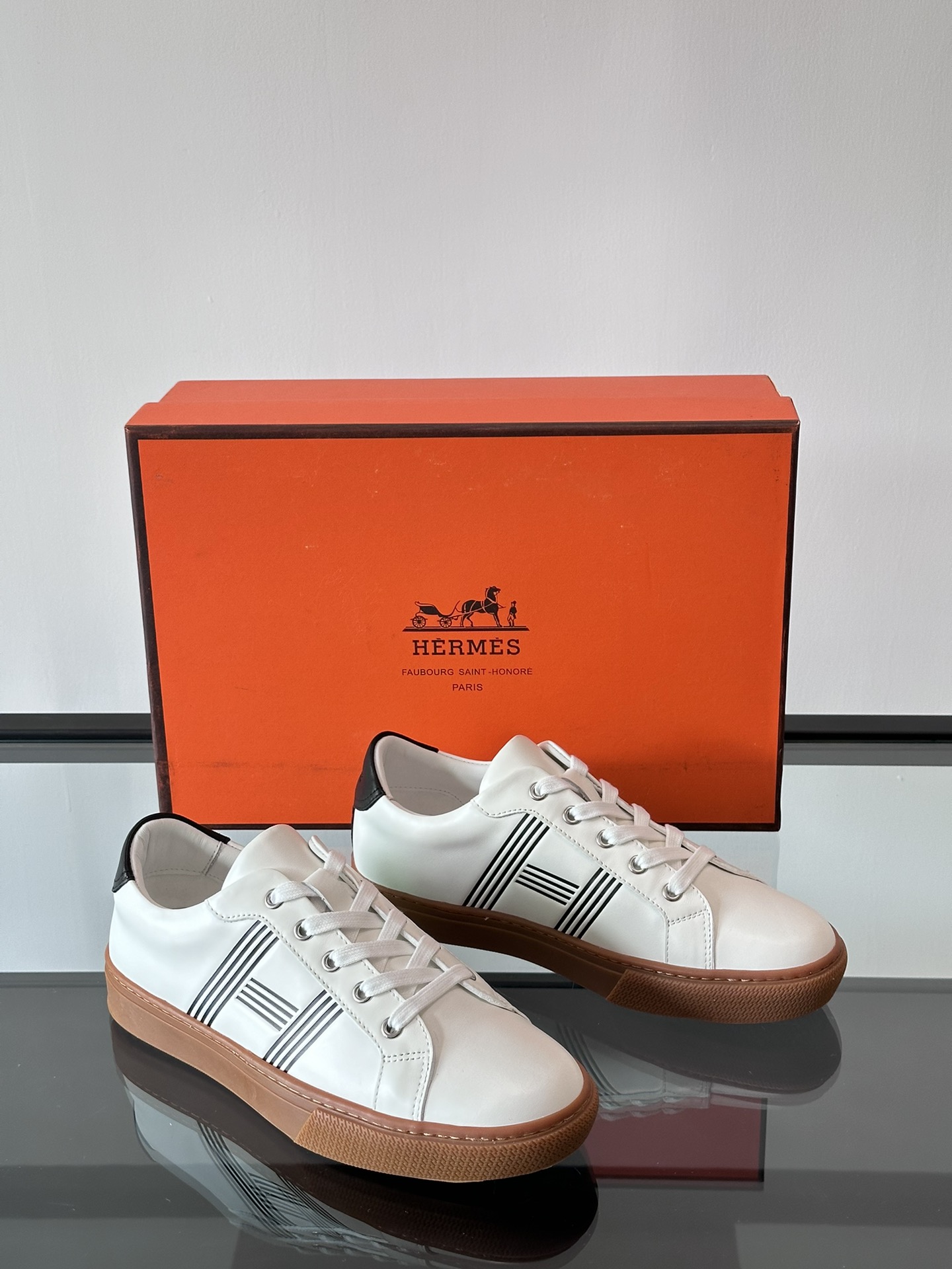 Hermes  Calfskin Mens Advantage Sneakers  White Black