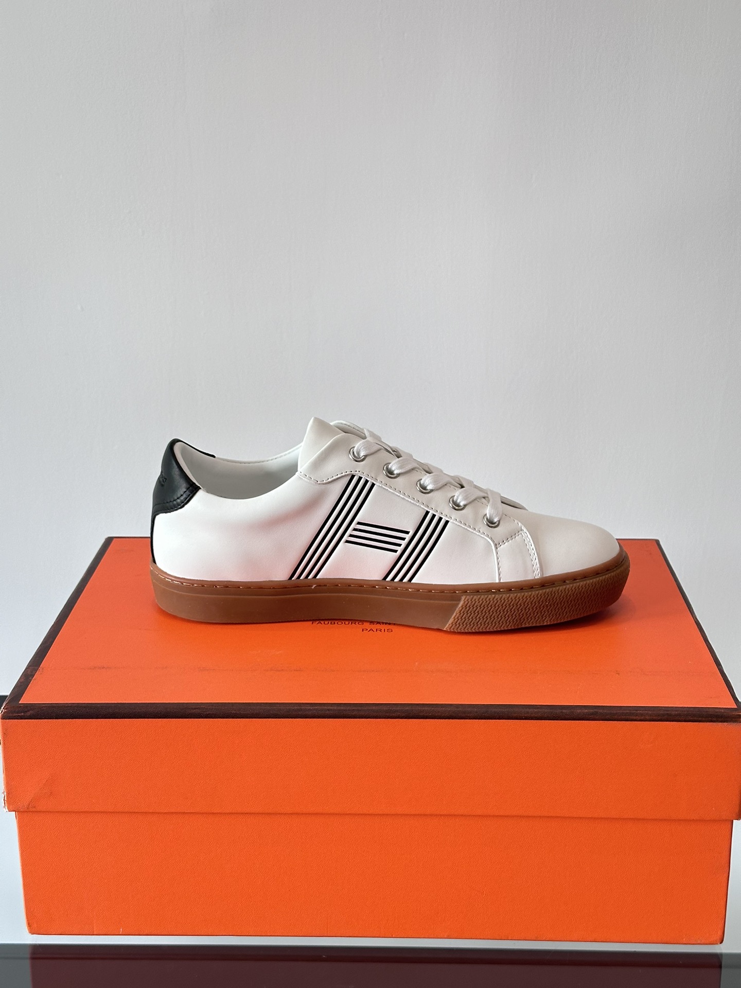 Hermes  Calfskin Mens Advantage Sneakers  White Black