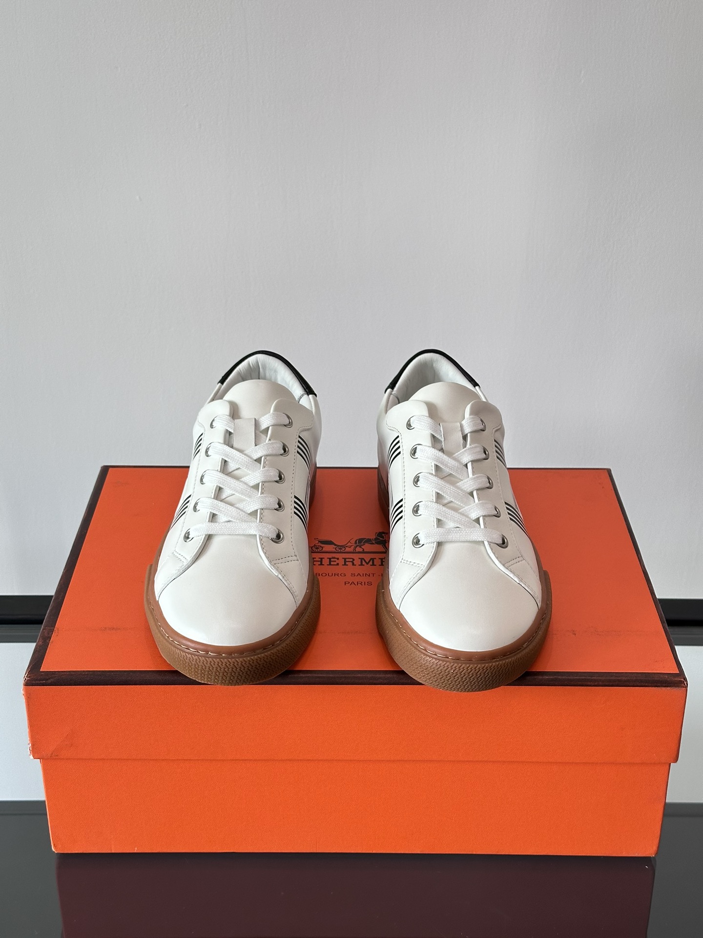 Hermes  Calfskin Mens Advantage Sneakers  White Black