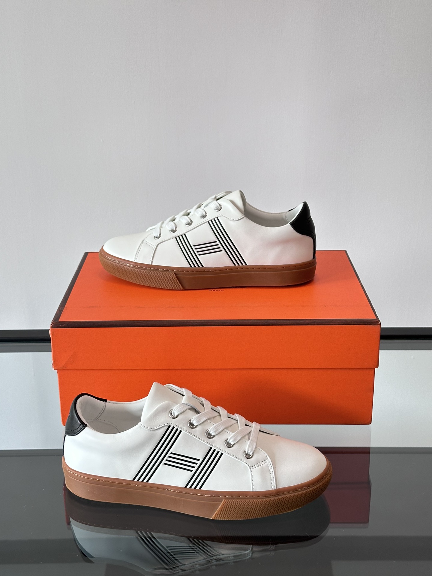 Hermes  Calfskin Mens Advantage Sneakers  White Black