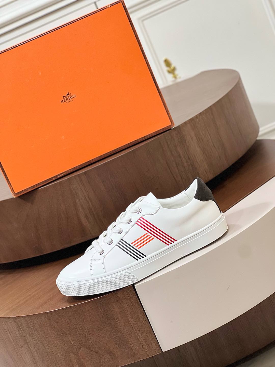 Hermes  Calfskin Womens Advantage Sneakers 36 White Orange
