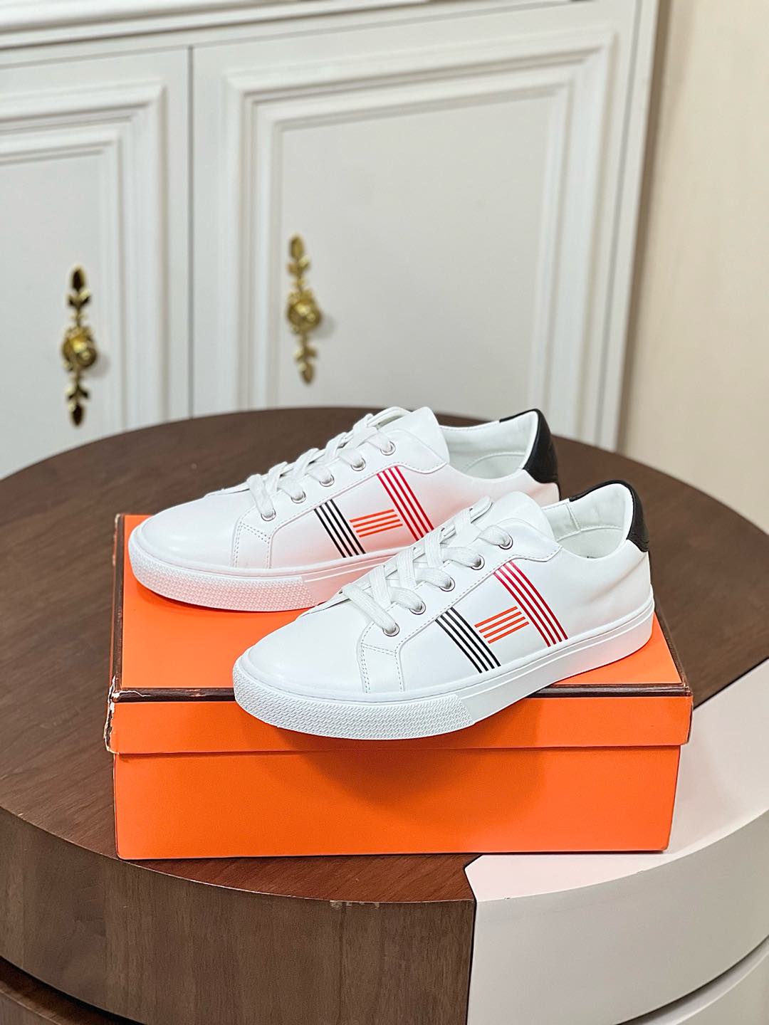 Hermes  Calfskin Womens Advantage Sneakers 36 White Orange