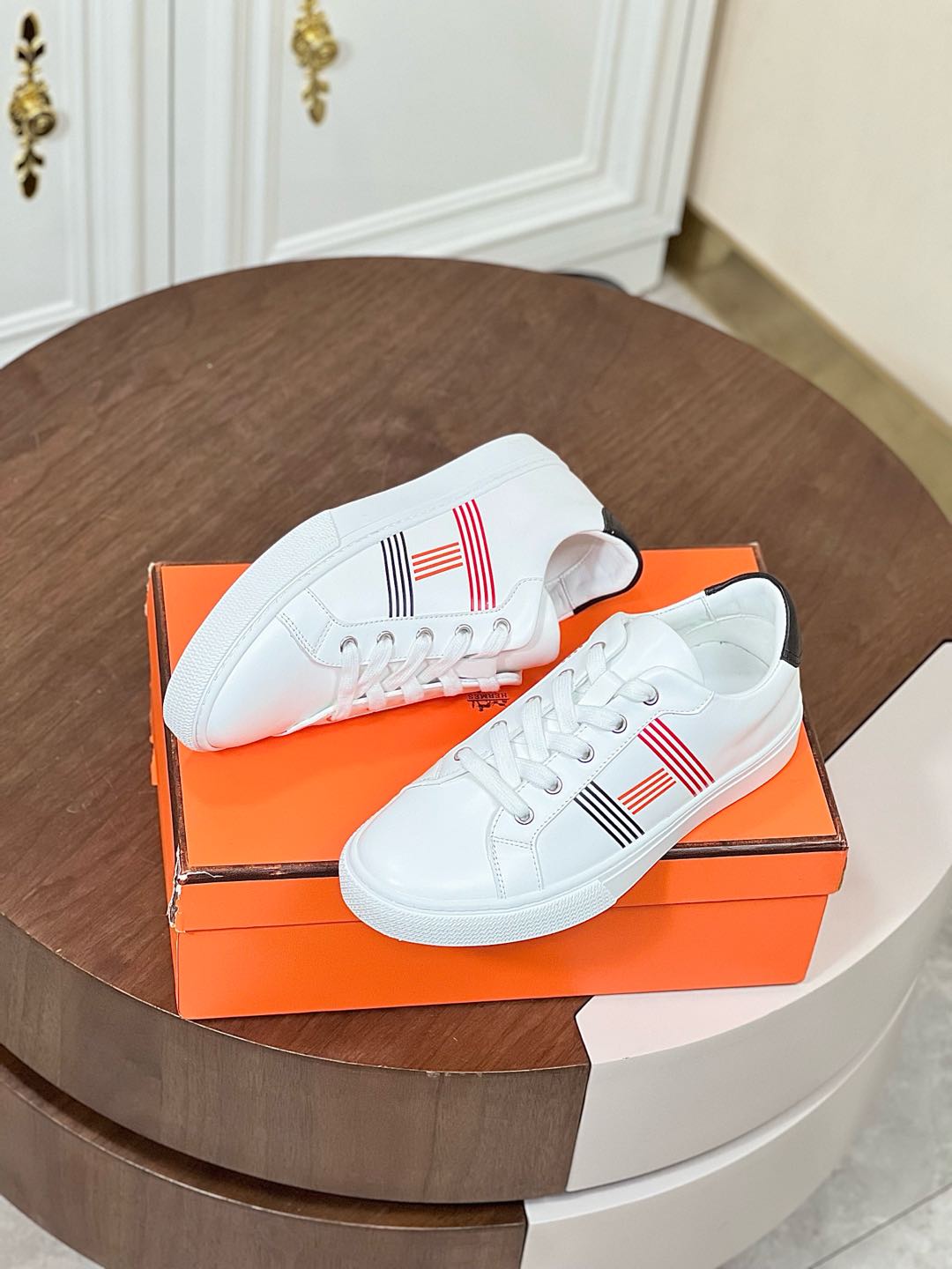 Hermes  Calfskin Womens Advantage Sneakers 36 White Orange